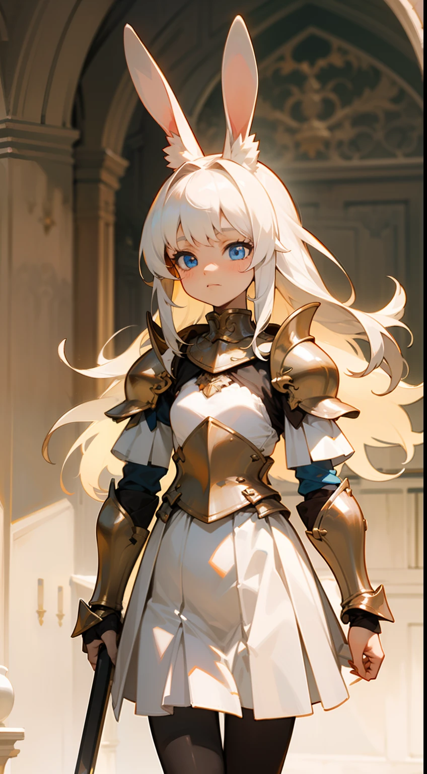 1rabbit girl,(small),solo,white hair,Long rabbit ear,blue eyes,long hair,white blouse,white skirt,gold armor shoulder pads,knight,masterpiece,best face,detailed face,innocent face,walking in castle,neutral face,(black pantyhose)