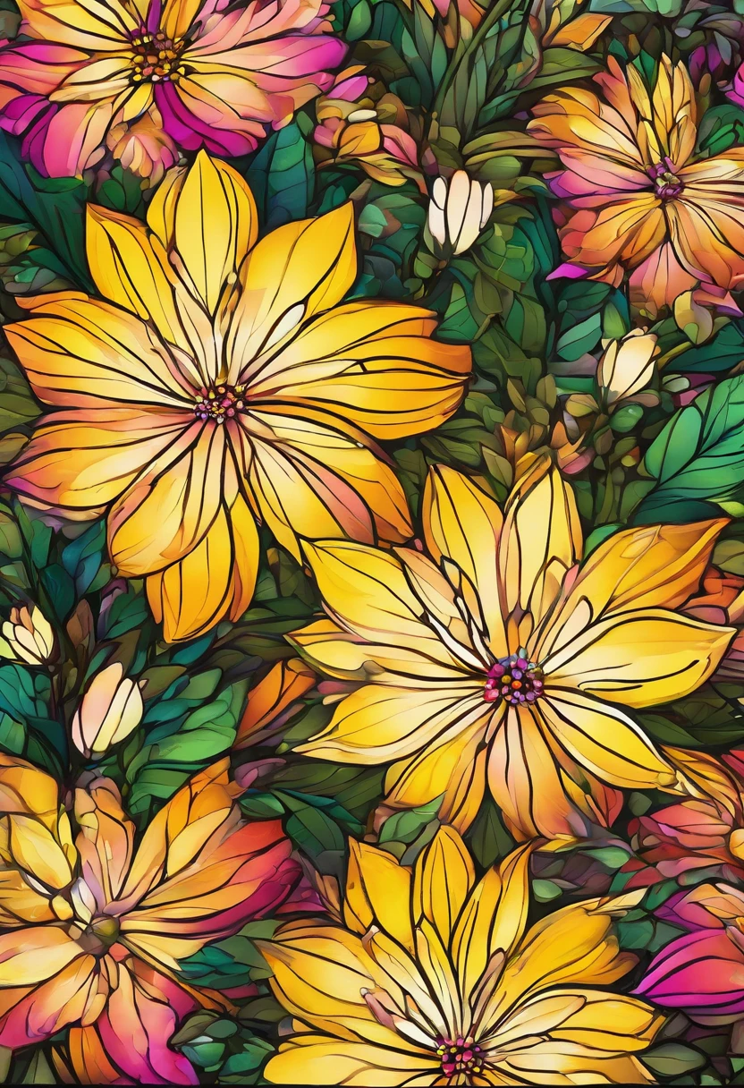 Digital art detailed for the best masterpieces, Highest Quality, Brilliant delicate yellow and pink dahlia flowers with elegant leaves1Only with、Flowers against the background of colorful diamonds, Graceful stems, And delicate, And elegant, flowey, Glittering petals, flowercore, surrounded flower, Radiant magic representing flowers, Beautiful animations, 16k race bright flowers, Beautiful Art U Hard Disk 4k, Detailed Painting in 4K, Beautiful flowers and crystals, Luminous flowers, huge flower, light bloom, full bloom, Glowing flowers with bloom ether effect, Magic colorful flowers with flower pieces in the middle of the garden, floral environment, Beautiful Art U Hard Disk 4k, magical flowers, Flower explosion, Beautiful digital painting detailed in emergency digital photography, Detailed Painting in 4K, background artwork, Flower explosion, Floral flower color, highly-detailed digital painting, Appeared in 4K, Best Quality, hight resolution, 1080p, hard disk, 4K, 8K