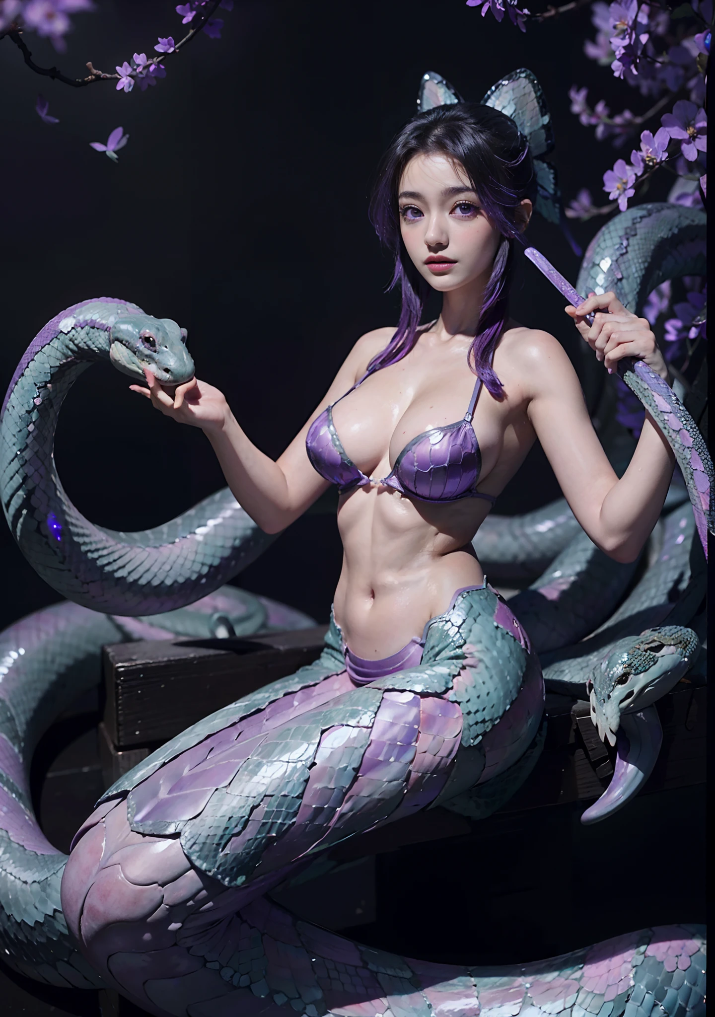(mermaid:1.3), (snake tail:1.4),8k uhd,RAW photo,A snake woman,(Python pattern),(snake man),(Real Human:1.2),(highres:1.4),(A detailed:1.5),(photorealestic:1.5),RAW photo,Portrait Photogram,Realistic scales,purple snake tail, Detailed snakeskin, stoic, cabellos largos dorados,RAW photo,(black, ruby, purple gradient:1.3), 超高分辨率,Foto realism,best qualtiy,captivating posture, (highdetailskin,skin detailed),Visible Pore,Shiny skin,tmasterpiece,sleeveless, finedetail,Colorization,Extremely Delicately Beautiful,extremely detailed 8k wallpaper,8K high quality,DSLR,Snake man maiden with beautiful details,(looking at viewert),professional photograph lighting,Faraway view,full bodyesbian,in a panoramic view,seductive face, multicolored hair,purple eyes