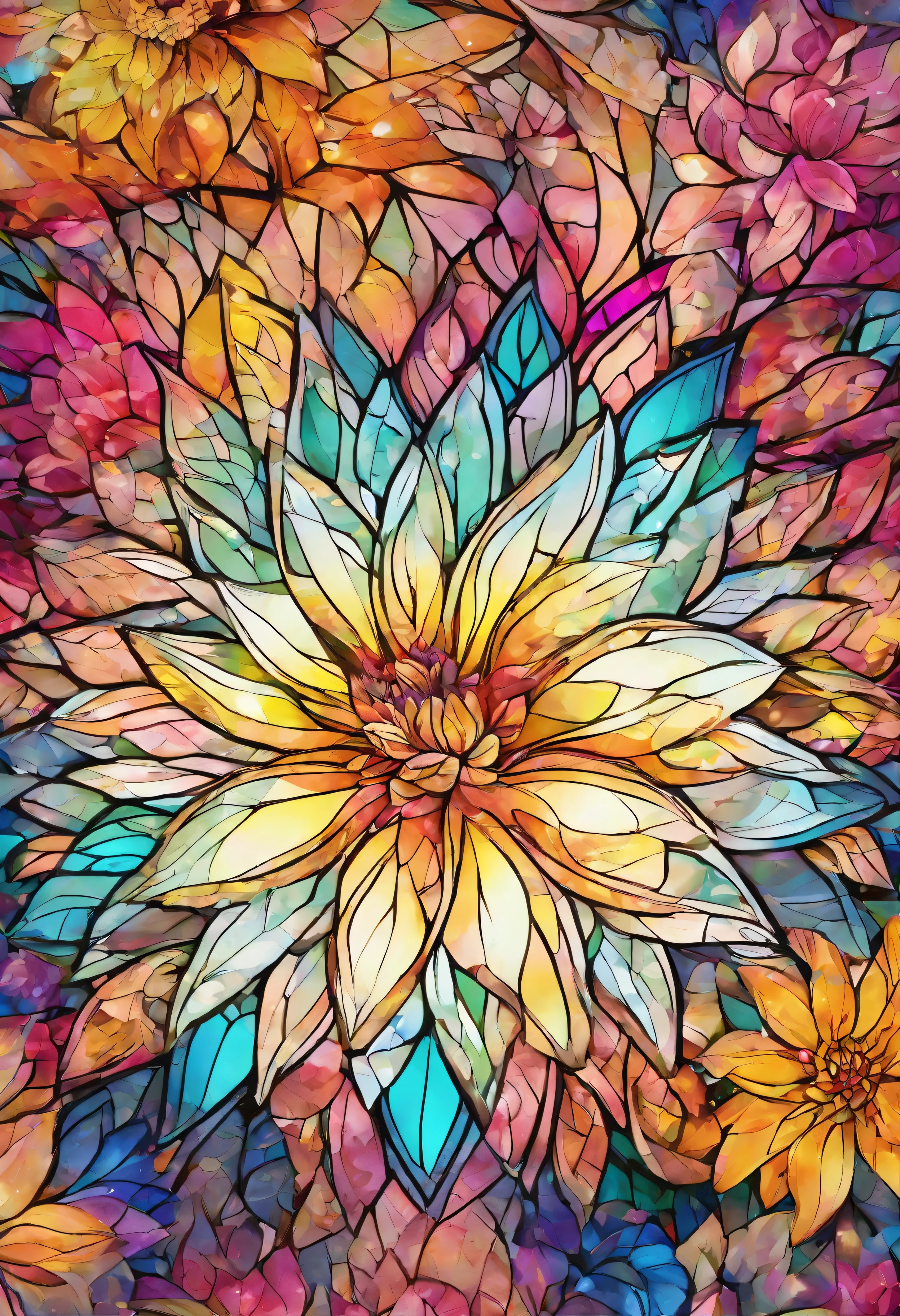 Digital art detailed for the best masterpieces, Highest Quality, with sparkling delicate yellow and pink dahlia flowers with elegant leaves,、Against the background of multicolored diamonds, Graceful stems, And delicate, And elegant, flowey, Glittering petals, flowercore, surrounded flower, Radiant magic representing flowers, Beautiful animations, 16k race bright flowers, Beautiful Art U Hard Disk 4k, Detailed Painting in 4K, Beautiful flowers and crystals, Luminous flowers, huge flower, light bloom, full bloom, Glowing flowers with bloom ether effect, Magic colorful flowers with flower pieces in the middle of the garden, floral environment, Beautiful Art U Hard Disk 4k, magical flowers, Flower explosion, Beautiful digital painting detailed in emergency digital photography, Detailed Painting in 4K, background artwork, Flower explosion, Floral flower color, highly-detailed digital painting, Appeared in 4K, Best Quality, hight resolution, 1080p, hard disk, 4K, 8K