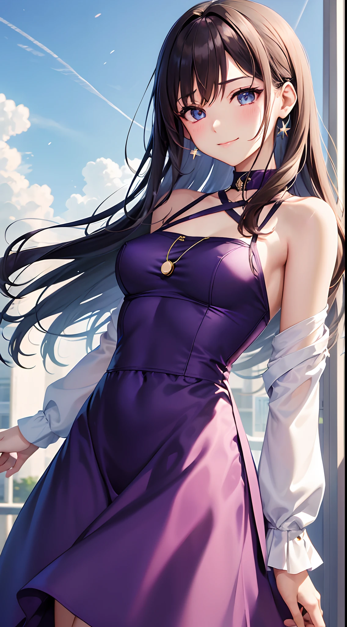 1girl, Bandori, Rei Wakana, LAYER, anime style, skinny body, fair skin, Anime girl wearing purple long sparking elegant dresses with long sleeves, smooth dark-brown hair reaching her top back with no fringe but bangs that cover her ears, lightning blue eyes, smile, happy, one eye blink, straight on living room with birthday decorations, anime art wallpaper, 4k, best quality