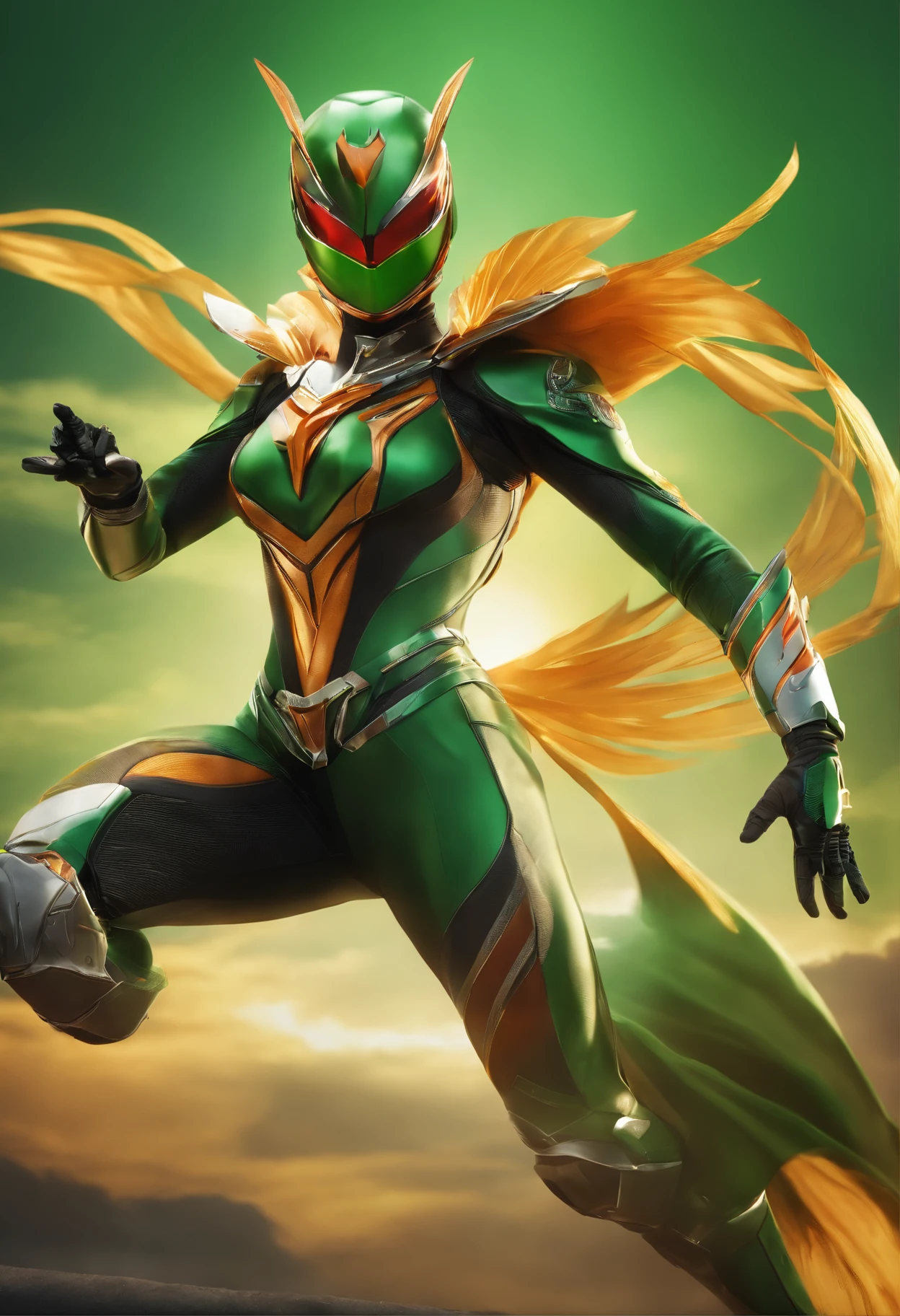 (Best Quality, hight resolution:1.2), Ultra-detailed, Realistic:1.37, Vibrant colors, Female Kamen Rider，Bird motifs，The symbol is the wind，Green based on image color，orange line，Sentai Hero，Woman，Kamen Rider，Cover the entire face，Full Face Mask，Mask reminiscent of a bird，Biological bodysuits，Hero Suit，Feminine body line，The image is the wind，Green light on space background，Delicately drawn live-action wallpaper