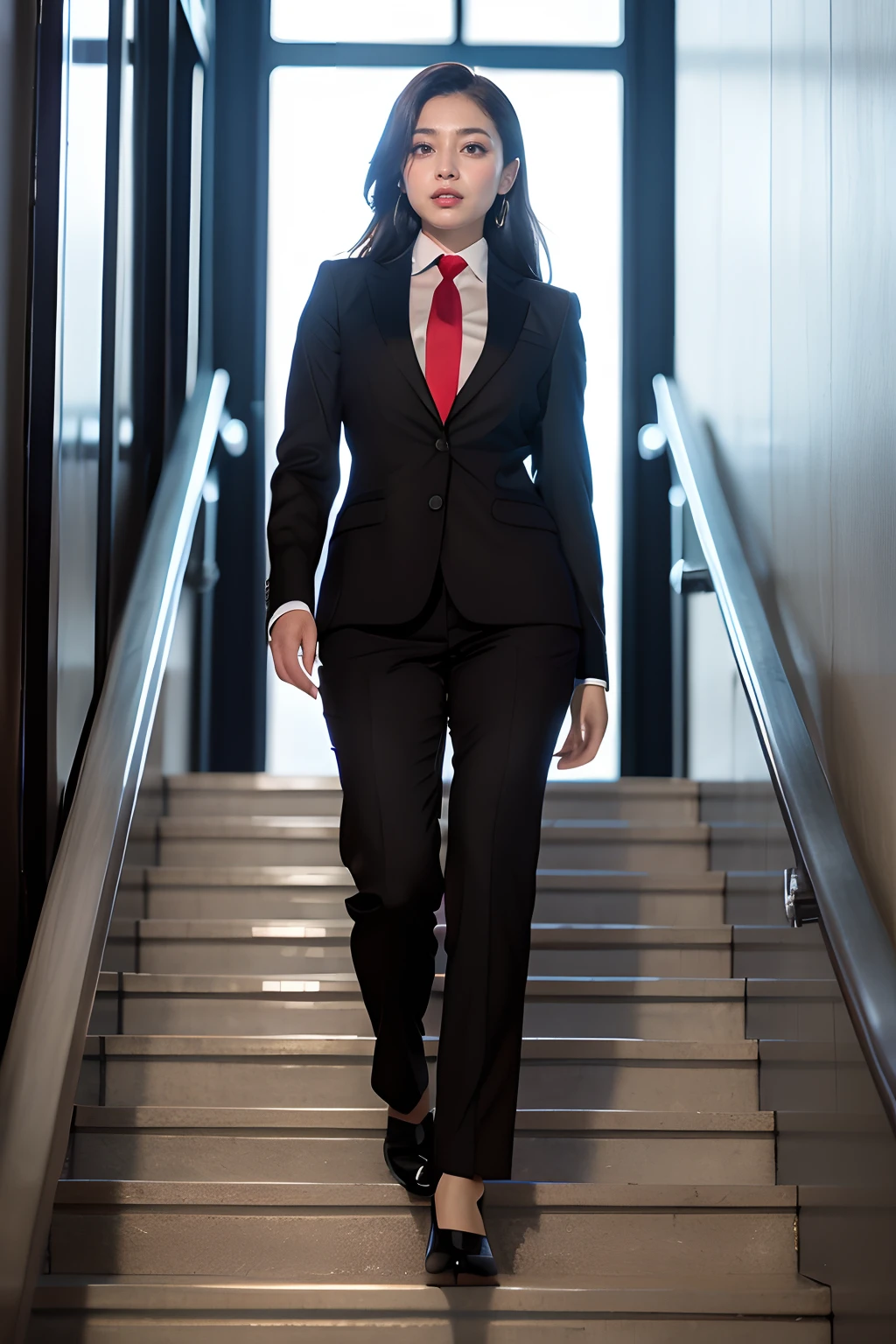 arafed woman in a suit and tie walking down a flight of stairs, girl in suit, wearing business suit, girl in a suit, wearing a business suit, in a business suit, corporate style, wearing a black and red suit, business attire, wearing fashion suit, wearing black grey suit, wearing a strict business suit, business outfit, well - dressed