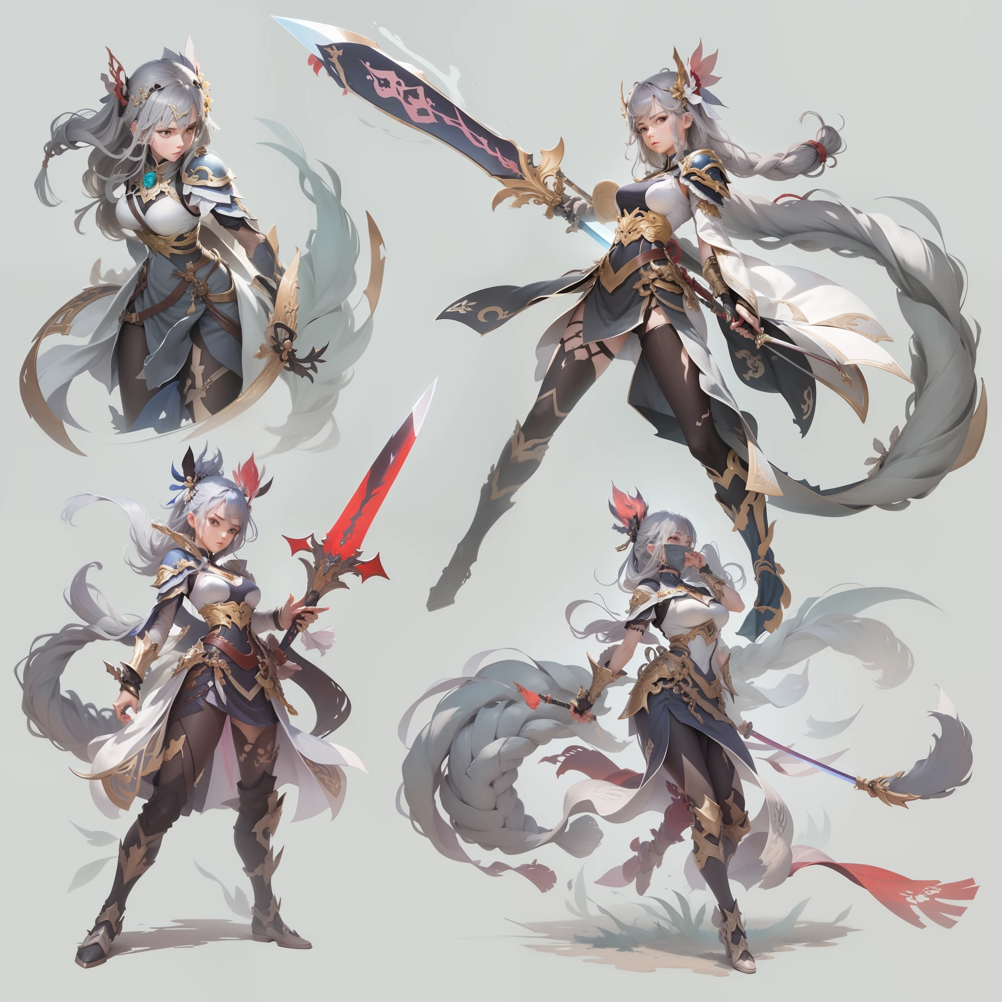 Character design, Dandro Swordsman Girl, concept-art, Genshin Impact style, Plain gray background、hyper HD、ultra-definition、