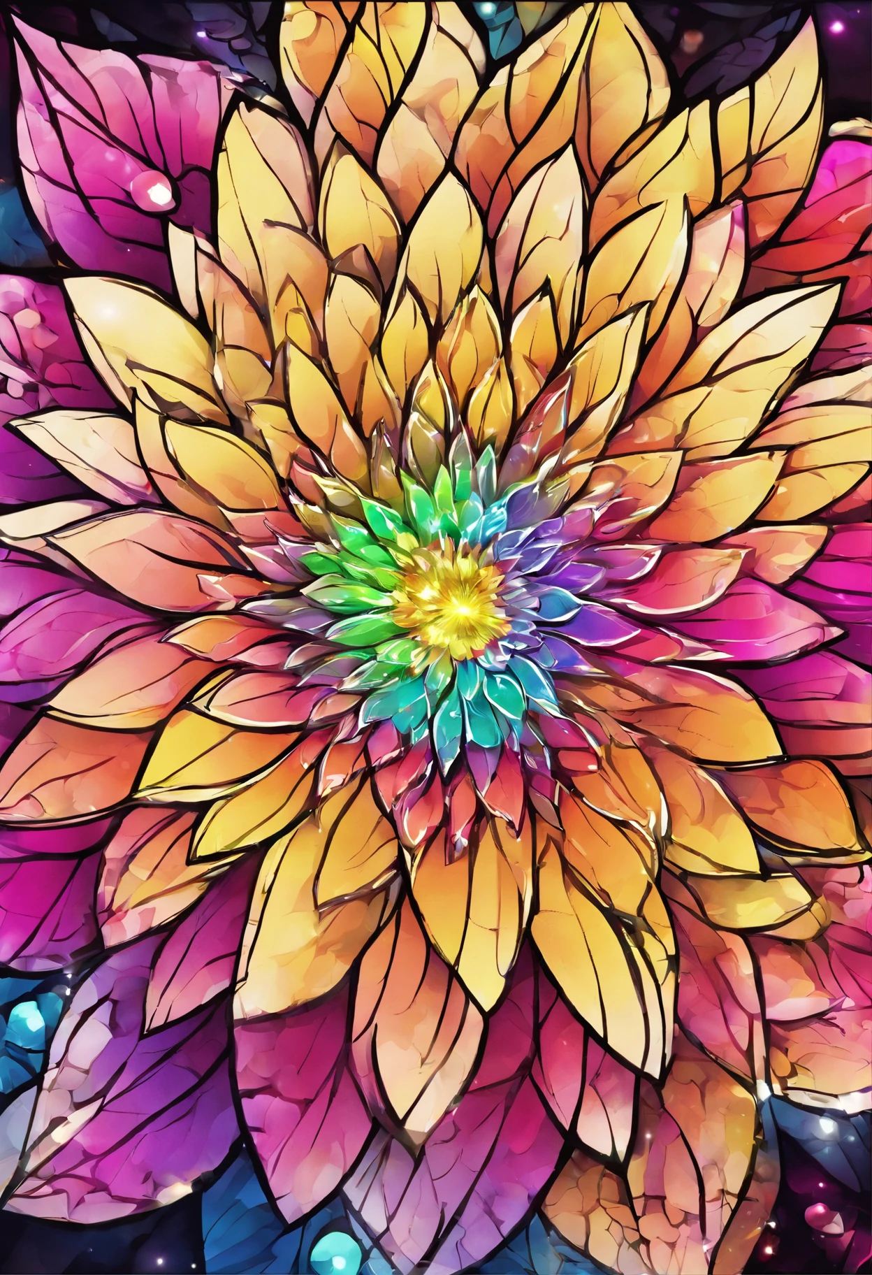 Digital art detailed for the best masterpieces, Highest Quality, Brilliant delicate yellow and pink dahlia flowers with elegant leaves1Only with、Flowers against the background of colorful diamonds, Graceful stems, And delicate, And elegant, flowey, Glittering petals, flowercore, surrounded flower, Radiant magic representing flowers, Beautiful animations, 16k race bright flowers, Beautiful Art U Hard Disk 4k, Detailed Painting in 4K, Beautiful flowers and crystals, Luminous flowers, huge flower, light bloom, full bloom, Glowing flowers with bloom ether effect, Magic colorful flowers with flower pieces in the middle of the garden, floral environment, Beautiful Art U Hard Disk 4k, magical flowers, Flower explosion, Beautiful digital painting detailed in emergency digital photography, Detailed Painting in 4K, background artwork, Flower explosion, Floral flower color, highly-detailed digital painting, Appeared in 4K, Best Quality, hight resolution, 1080p, hard disk, 4K, 8K