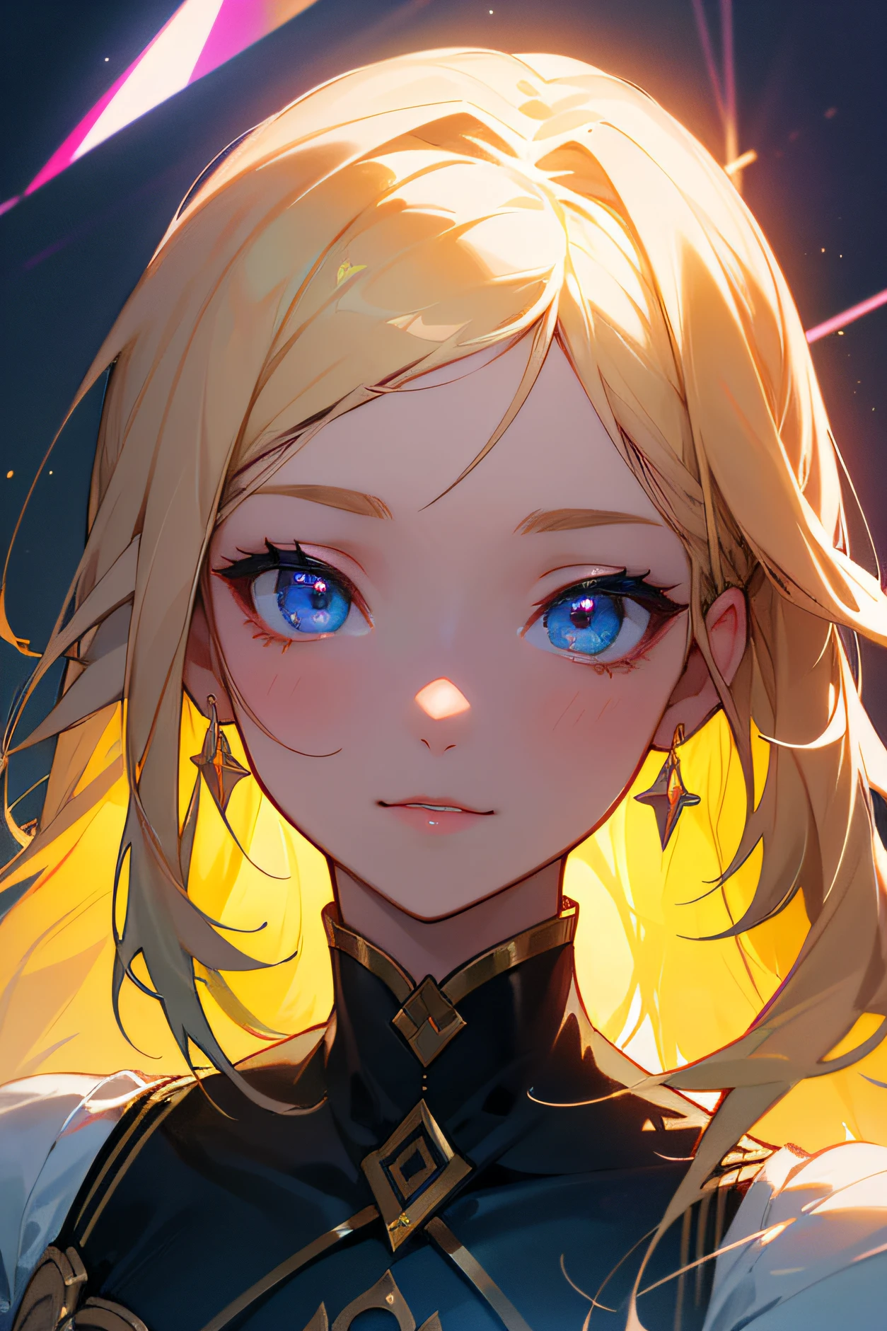 odd eye、Shingold、、Fluttering hair、、、directly in front、Forward-facing、portraitures、Aurora、gradients、Absolutely beautiful、move、emotive、Thanks"Design an AI character to look like a young woman。"Long hair、Make sure it's wavy。" "Hair color is blonde、Keep it bright。""She was dressed casually and fashionably.、" "Modern design, Urban style。"Her eyes should be painted large and attractive。" "With natural makeup、Make sure your skin looks healthy。""Draw a character with a confident smile。" "in a relaxed pose、Make a friendly impression。、Rainbow and Gorgeous、gradients、Really the best quality、​masterpiece、hight resolution、perfect  detail、(extremely fine and beautiful:1.1)、(、Beautifully Aesthetic:1.2)、、portraitures、独奏、Very vivid、 、beatiful lights、Fine Beauty、(Detailed face with fine eyes:1.1)、(Beautiful and clear backgrounds:1.1)、beautiful concept illustration、　、Aurora、Transparency、、big eye、clear mouth、Beautiful lips、Mechanical feeling、Iridescent eyes、colourfull、Background Simple、directly in front、Forward-facing、Starsia of Iskandar、clear lips、The colors are slightly darker bright blue and white with gold、Red stripe