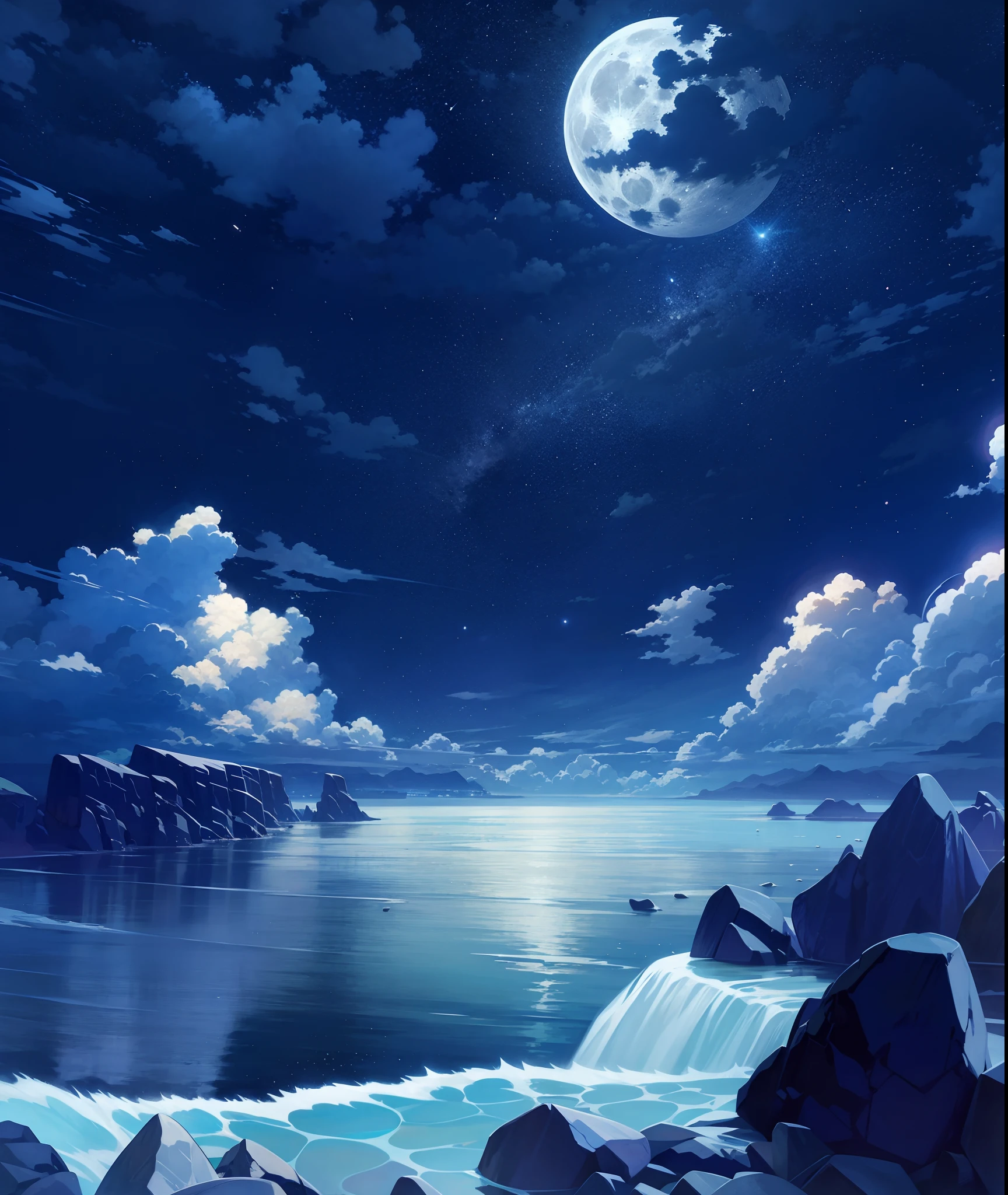 There is a photo of a night scene with a full moon, wallpaper anime blue water, Anime Landscape Wallpaper, Anime background, anime background art, Anime Art Wallpapers 4K, Anime Art Wallpapers 4K, Anime Art Wallpapers 8K, 4k anime wallpaper, Moonlit starry sky, calm night. digital illustration art, beautiful anime scenery, anime wallpaper 4k