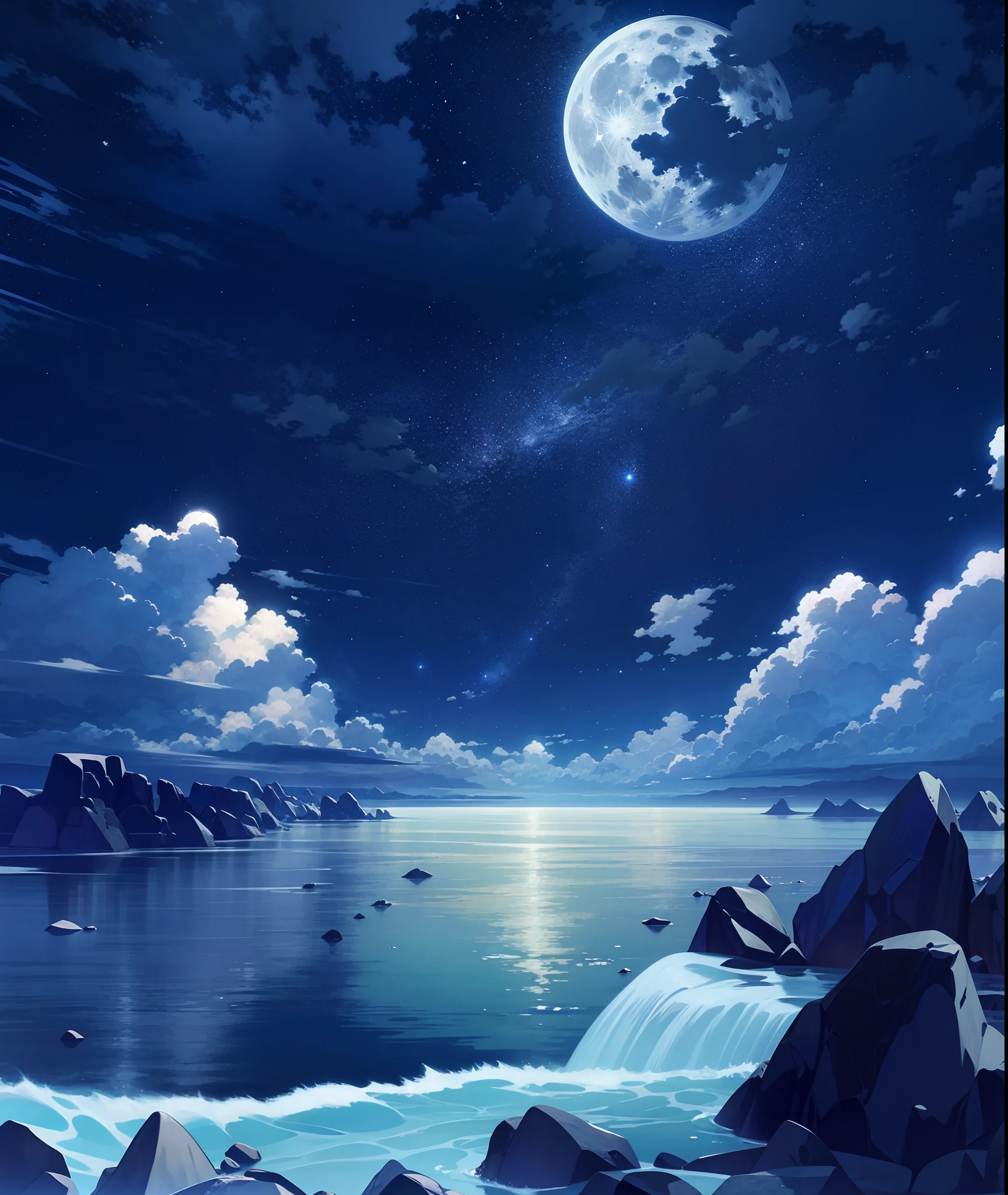 There is a photo of a night scene with a full moon, wallpaper anime blue water, Anime Landscape Wallpaper, Anime background, anime background art, Anime Art Wallpapers 4K, Anime Art Wallpapers 4K, Anime Art Wallpapers 8K, 4k anime wallpaper, Moonlit starry sky, calm night. digital illustration art, beautiful anime scenery, anime wallpaper 4k