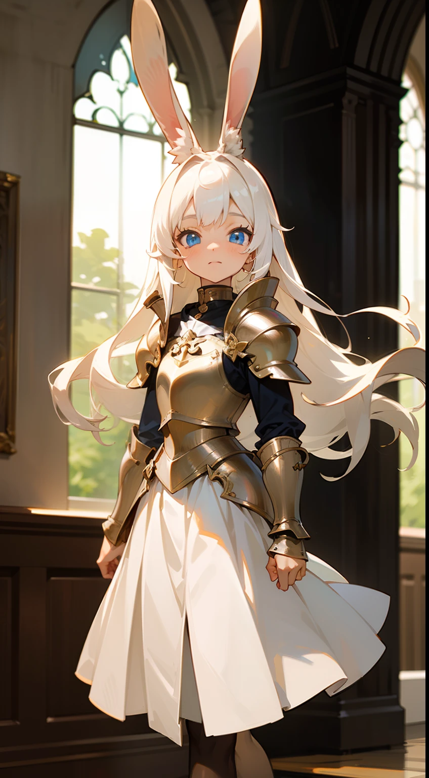 1rabbit girl,(small),solo,white hair,Long rabbit ear,blue eyes,long hair,white blouse,white skirt,gold armor shoulder pads,knight,masterpiece,best face,detailed face,innocent face,walking in castle,neutral face,(black pantyhose)