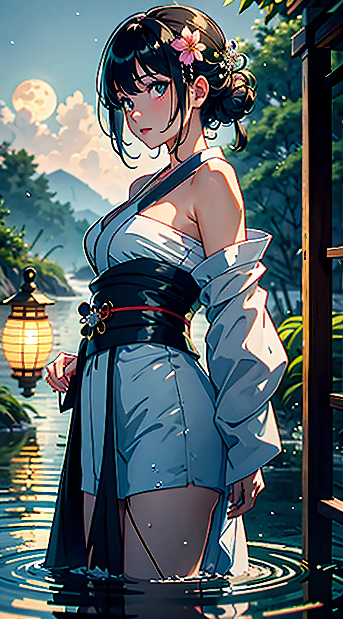 1girl, breasts, moon, lantern, night, solo, large breasts, hair ornament, wet, kimono, japanese clothes, wading, water, hair flower, flower, outdoors, sky, full moon, rain, black hair, off shoulder, mountain, cloud, holding, sash, bare shoulders, paper lantern, standing, white kimono, night sky, sideboob, obi, wet clothes, bangs, tree, from side, reflection, short hair, cloudy sky, wet hair (((masterpiece),(extremely detailed CG unity 8k wallpaper),best quality,,solo,1girl,cinematic lighting,detailed background,beautiful detailed eyes,bright pupils, (an extremely delicate and beautiful),(Beautiful and detailed eye description), ultra-detailed,masterpiece,)),