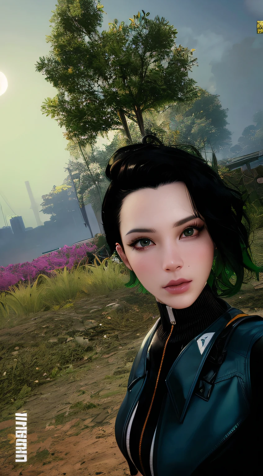 there is a woman with green hair standing in a field, of a beautiful female warframe, satisfactory screenshot, attractive sci - fi face, female character, unreal engine : : rave makeup, sci fi female character, beautiful screenshot, ingame image, character close up, with cryengine, cyberpunk in foliage, with very highly detailed face, jet black haired cyberpunk girl