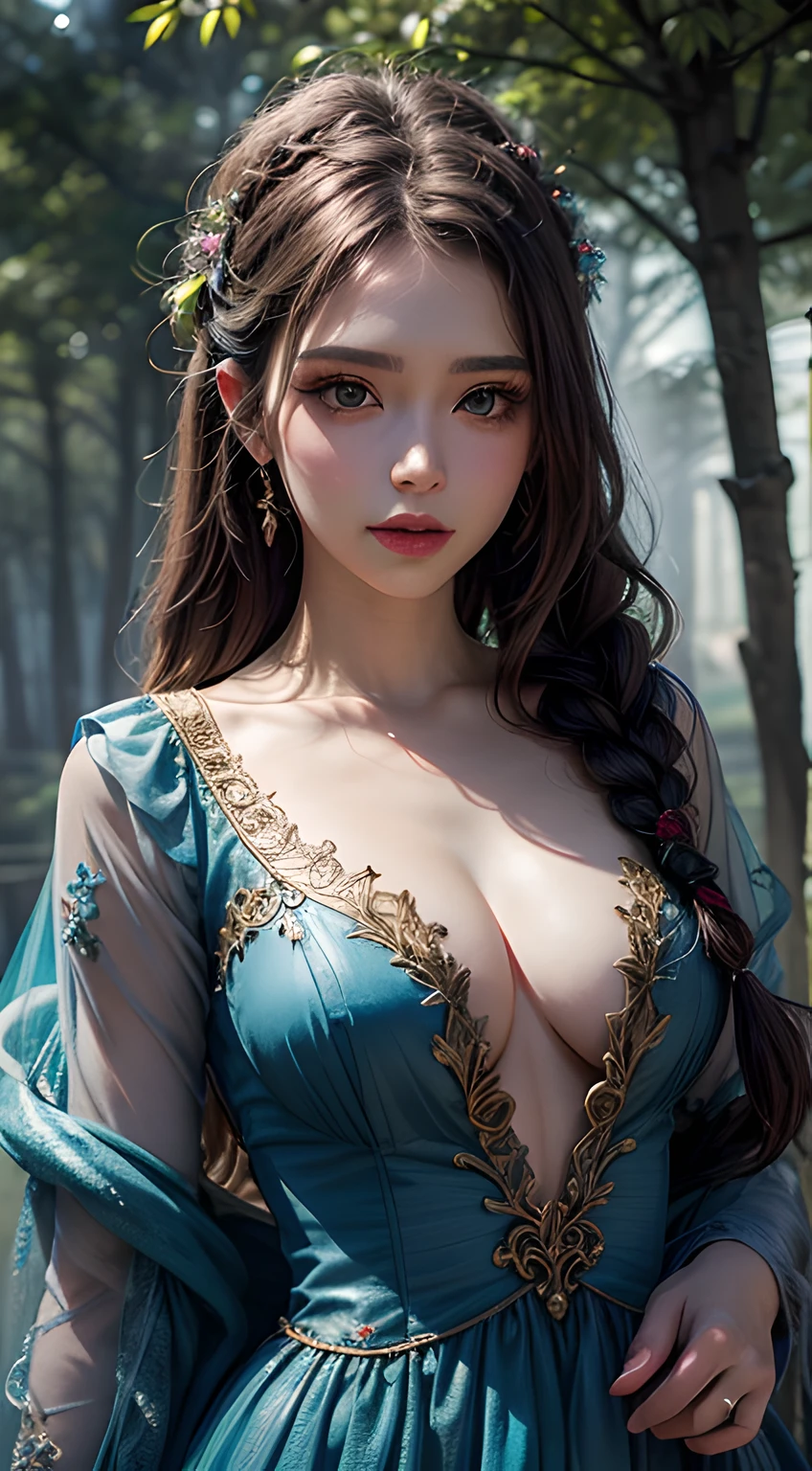 a stunningly beautiful lady with Elaborate fantasy costume, ethereal makeup, intricate braids, an otherworldly pose. Enchanted forest with fairy lights and mist. Sigma 35mm lens, 12k, full HD, masterpiece, best quality, ultra detailed, intricately detailed