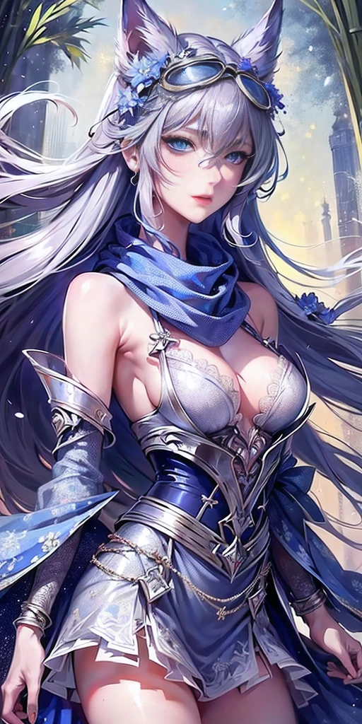 (Top resolution, Distinct_image) Best Quality, Women's masterpieces, Highly detailed, 1womanl，solo person，Half realistic, (Systemic), Silver hair, Bangs, 18 years old, Short Grey Silver Lace Skirt, (((Perfect face:1))), Sharp face, v-line jaw, (Bright blue eyes), (Exquisite facial features, Exquisite facial features), adolable, Grey Color Dolce, Silvery little cat ears, Hair that obscures the ears, (((Wearing blue lens goggles))), (Black scarf with blue floral pattern and intricate design), Large bamboo forest in the background, Large galaxy in the background