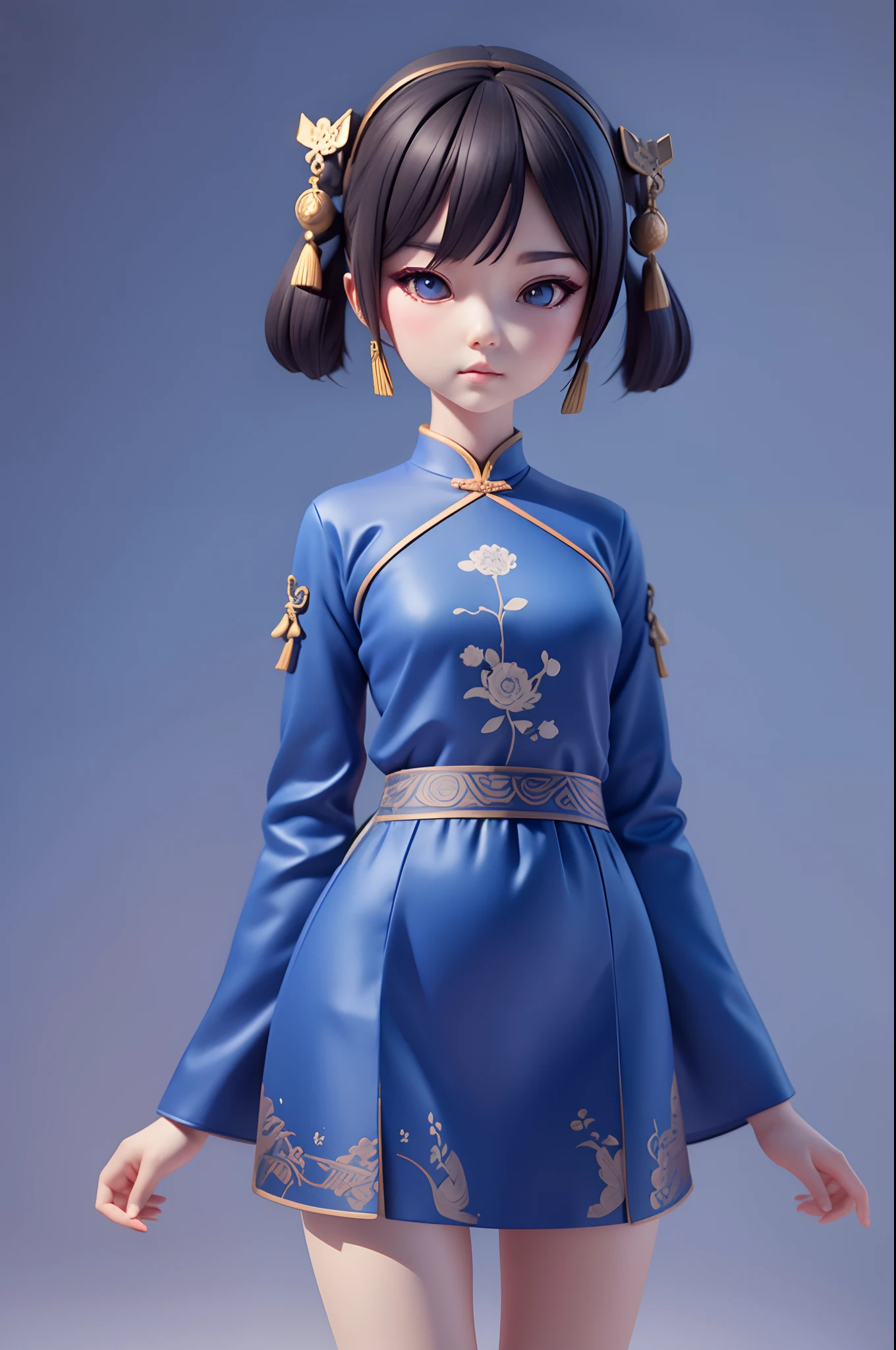Realistic 3d cartoon style rendering, portrait, a cut girl, Chinese classicist character illustration, song dynasty style, minimalism. geometric shapes, melancholic blue clothing, Qiu Ying style