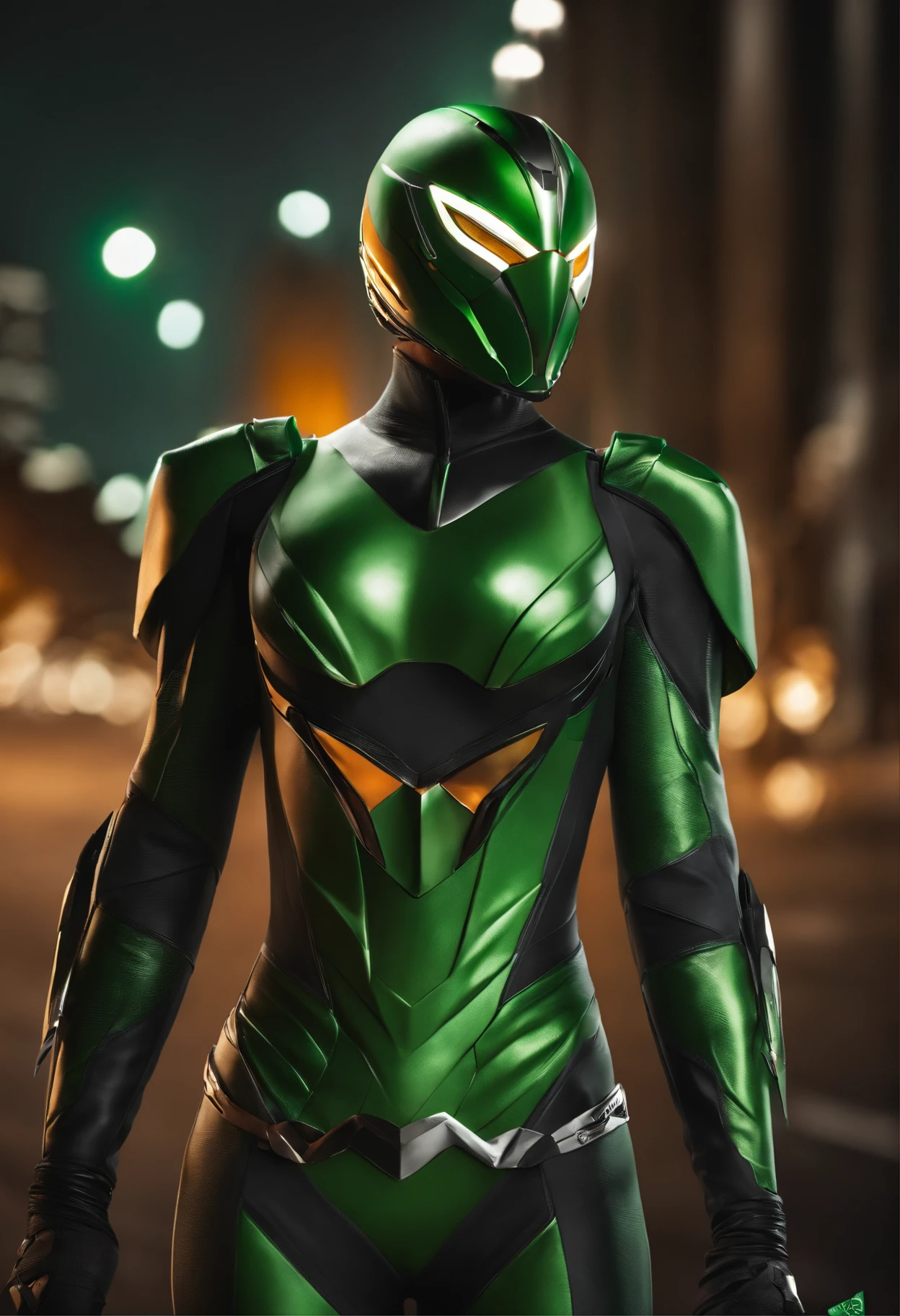 (Best Quality, hight resolution:1.2), Ultra-detailed, Realistic:1.37, Vibrant colors, Female Kamen Rider，Bird motifs，The symbol is the wind，Green based on image color，orange line，Sentai Hero，Woman，Kamen Rider，Cover the entire face，Full Face Mask，Mask reminiscent of a bird，Biological bodysuits，Hero Suit，Feminine body line，The image is the wind，Green light on space background，Delicately drawn live-action wallpaper