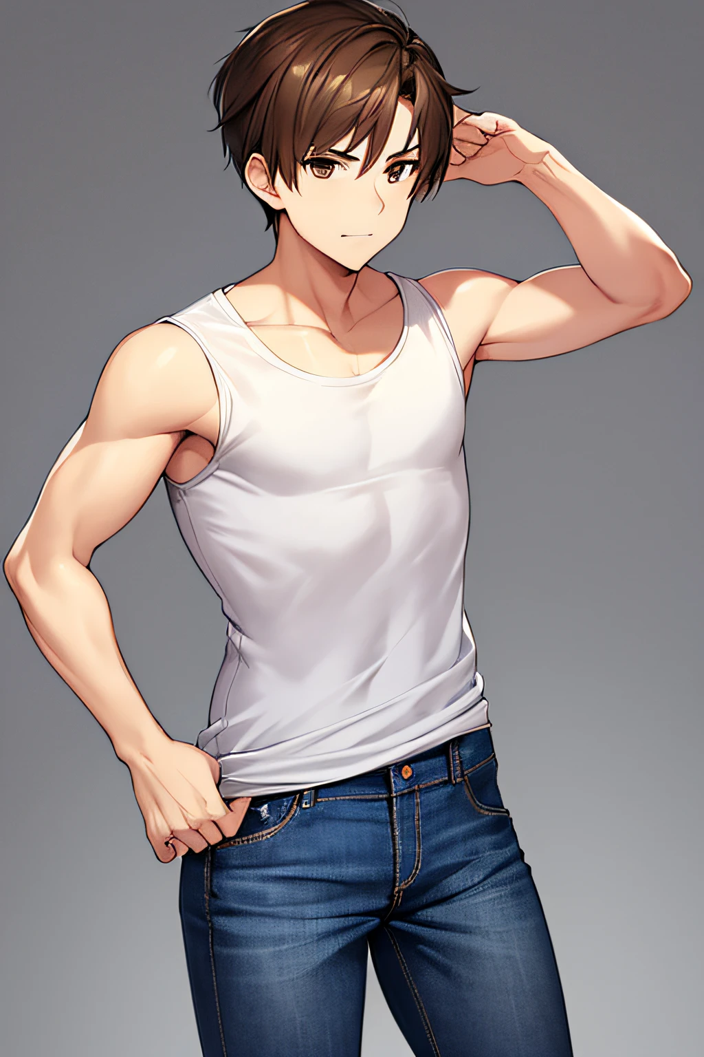 Man, white sleeveless t-shirt, jeans, brown hair, brown eyes, gray background,