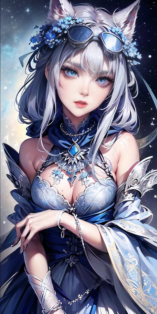 (Top resolution, Distinct_image) Best Quality, Women's masterpieces, Highly detailed, 1womanl,solo person,Half realistic, (Systemic), Silver hair, Bangs, 18 years old, Short Grey Silver Lace Skirt, (((Perfect face:1))), Sharp face, v-line jaw, (Bright blue eyes), (Exquisite facial features, Exquisite facial features), adolable, Grey Color Dolce, Silvery little cat ears, Hair that obscures the ears, (((Wearing blue lens goggles))), (Black scarf with blue floral pattern and intricate design), Large bamboo forest in the background, Large galaxy in the background