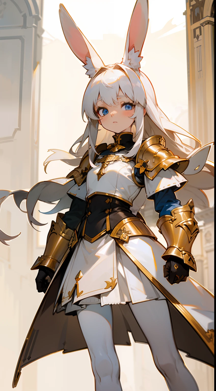 1rabbit girl,(small),solo,white hair,Long rabbit ear,blue eyes,long hair,white blouse,white skirt,gold armor shoulder pads,knight,masterpiece,best face,detailed face,innocent face,walking in castle,neutral face,(black pantyhose)