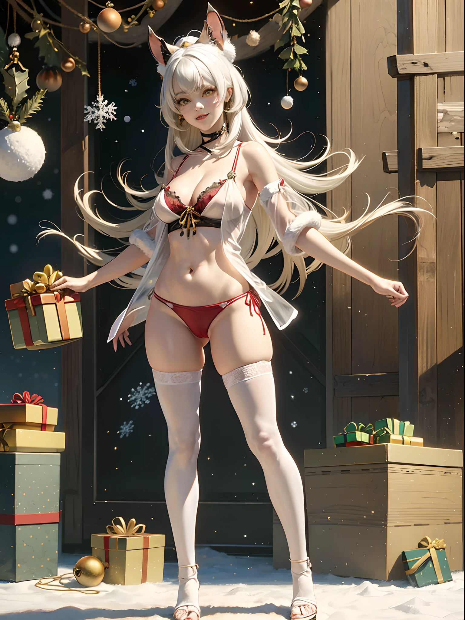 Kirara,red lingerie,((see through)), extremely detailed,(((visible white thong))),grinning, yellow eyes, realistic, red heels, (((Christmas))), cleavage, cameltoe,(( white hair)), (((standing))), blonde, cat girl