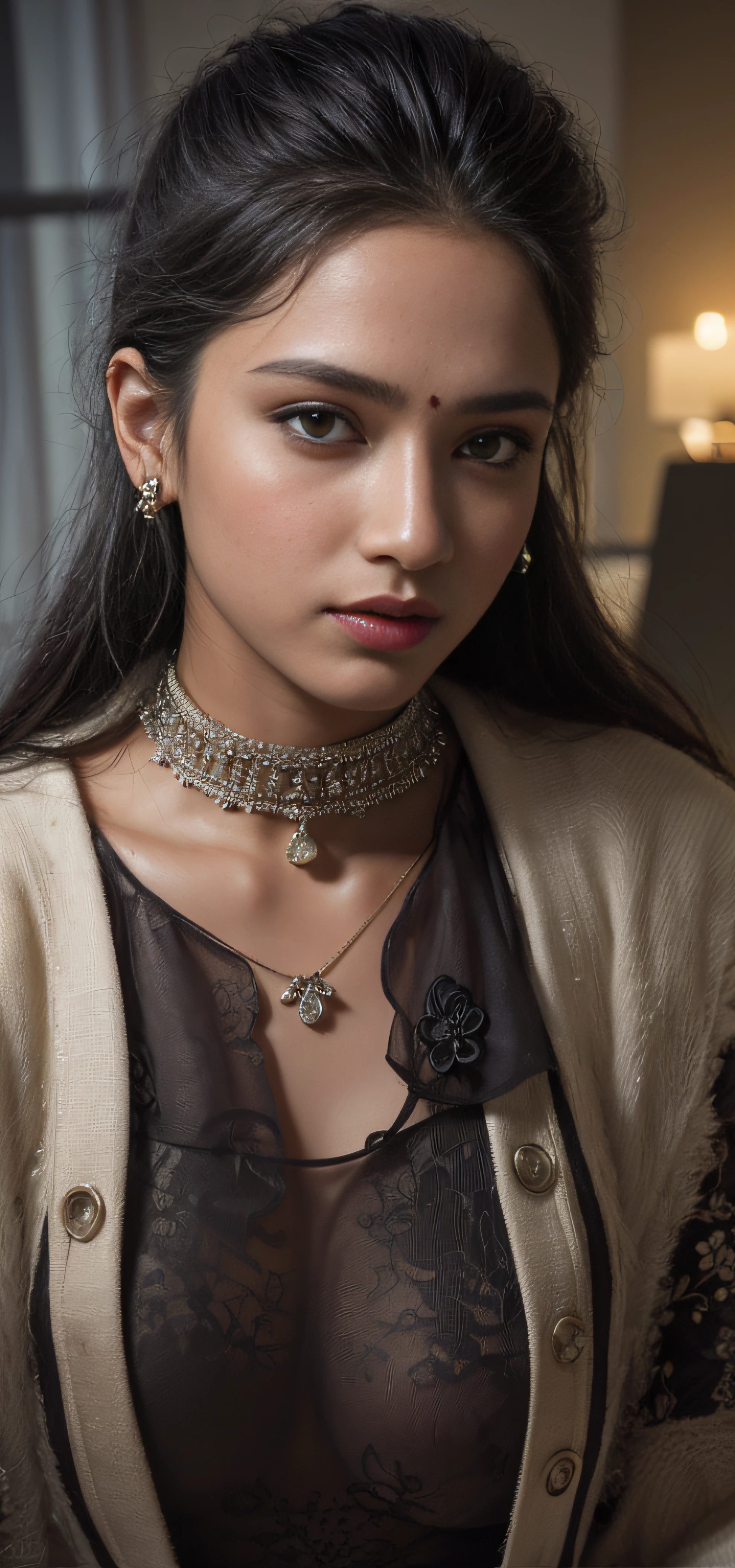 " Kiki from Kiki's delivery service portrayed in a captivating oil painting style.", close-up of a woman in a fur coat posing for a photo, photoshoot, beautiful Divya bharati!, beautiful srilanka woman, beautiful young srilanka woman, indian female fashion model, beautiful young srilanka woman, young indian woman, fashion model photography, beautiful indian model , indian woman, indian girl with long hair, an indian woman, dark red lips