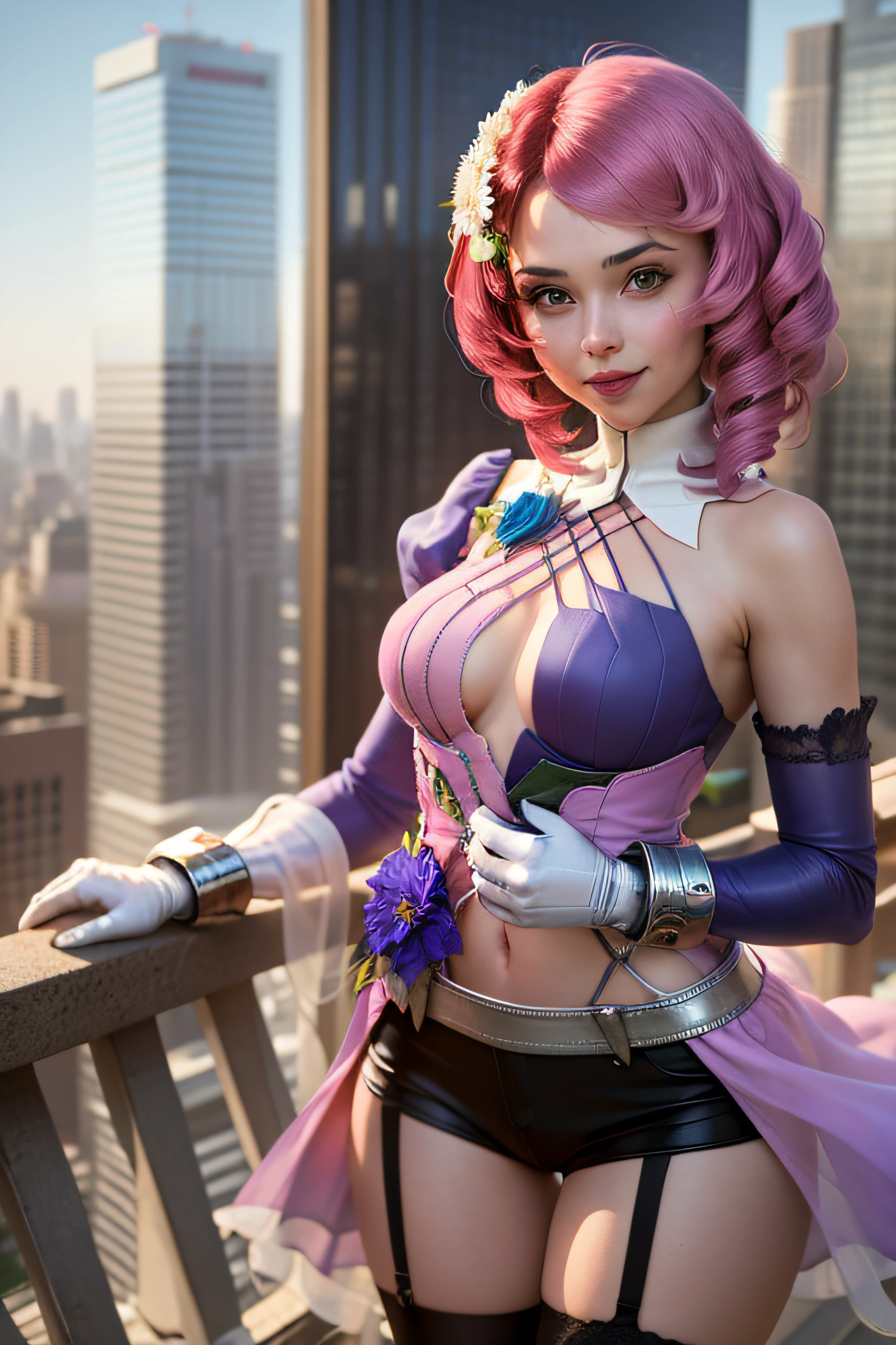 masterpiece, best quality, alisab, multicolored hair, hair flower, dress, cleavage, detached sleeves, white gloves, short shorts, asymmetrical legwear, mechanical wings, cowboy shot, looking at viewer, rooftop, skyscraper, city skyline, blue sky, looking at viewer, smile, hands to hips