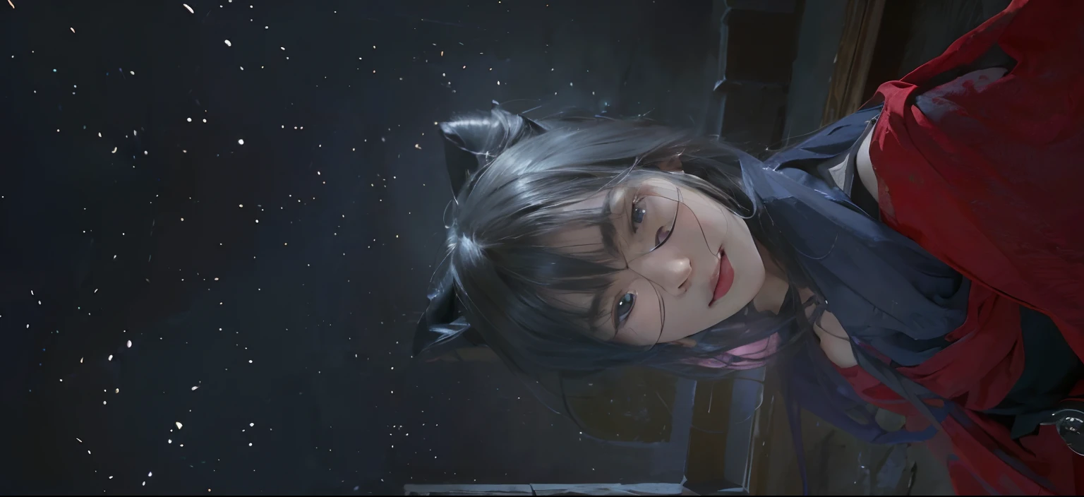 (A hyper-realistic)、(illustratio)、(hight resolution)、(8K)、(ighly detailed)、(Best Illustration)、(beautifully detailed eyes)、(top-quality)、(ultra-detailliert)、(​masterpiece)、(wall-paper）、（A detailed face）、独奏、1 girl in、looking at viewert、fine detailed、A detailed face、in the darkness nigth、deep-shadows、lowkey、pureerosfaceace_v1、A smile、long、Black shawl straight hair、46-point diagonal bangs,　（silk dresses、long  skirt）(off shoulders）View of the castle、、Stand against the wall