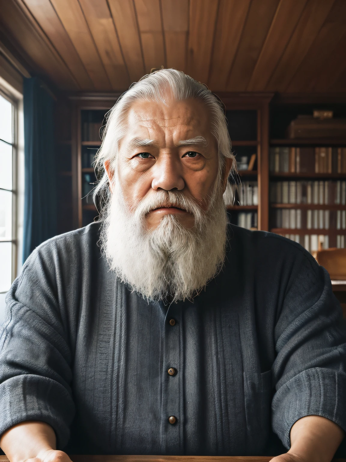 Hyper-Resolution, Ultra photo realsisim, cinema shot, Vignette, Portrait of an 80-year-old man,Look at the viewer,An elderly Asian man,Sit at your desk,Spiritual elderly,Single image,Thin and thin, Old blue eyes, Short white hair, Bookshelf background,White Viking beard, Narrow face,dark-skin, Wide shoulders, Weathered by sunlight and water, Gold pattern royal twin peaks, The Royal Chambers camera is focused on the eye, High focal length, Bust photo,Faraway view,Digital SLR, Dark Studio, rim lit, twotonelighting, Dimly lit, low tune, Backlight,