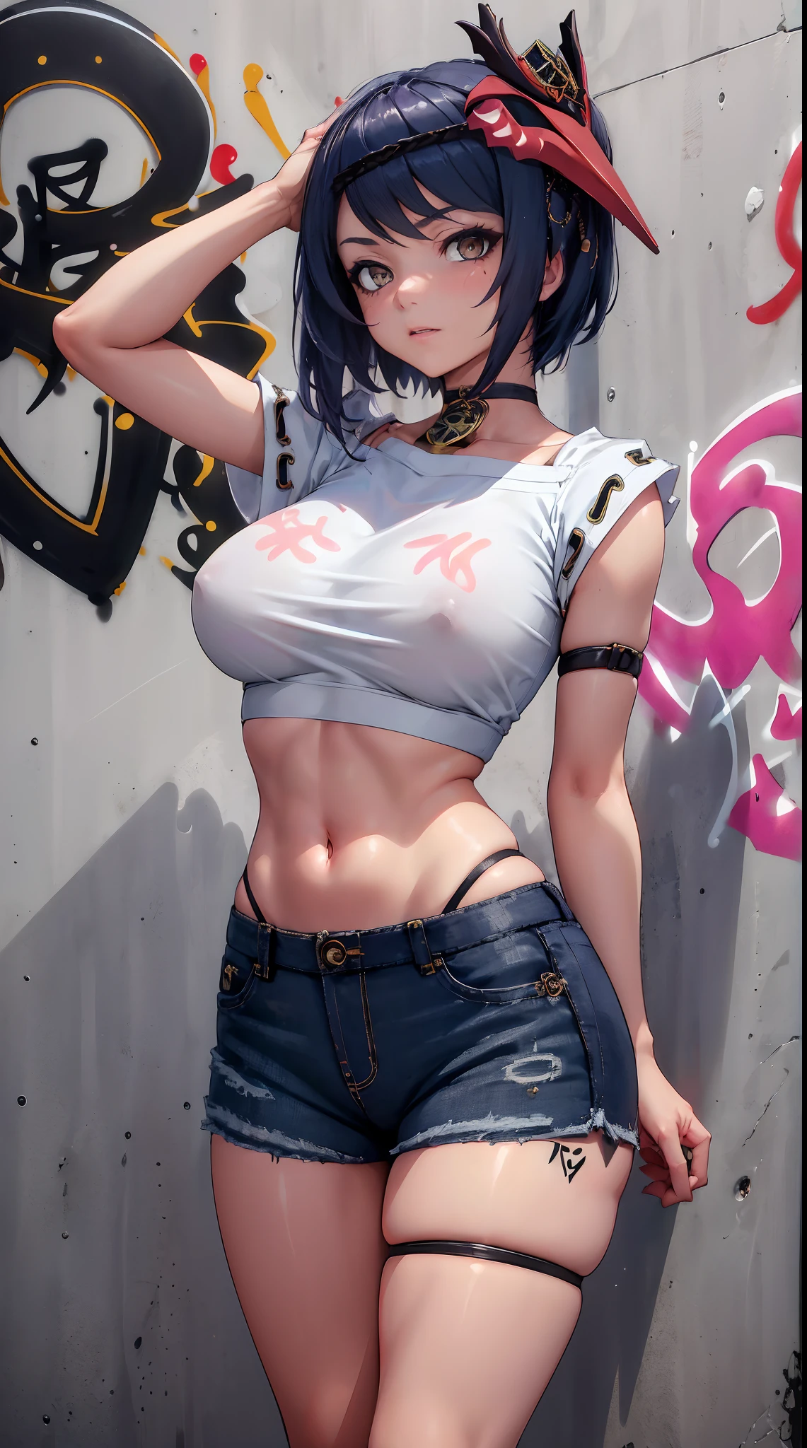 Kujou Sara Genshin Effect, masterpiece, bestquality, 1girls, oversized breasts, bara, crop top, shorts jeans, choker, (Graffiti:1.5), Splash with purple lightning pattern., arm behind back, against wall, View viewers from the front., Thigh strap, Head tilt, bored, water eyes,