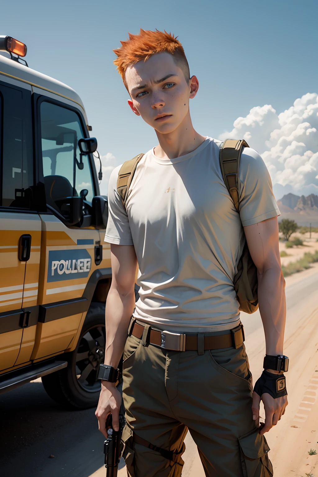 Asa Butterfield, orange spiky hair, extremely pale blue eyes, pale complexion, scared expression, freckles, scratching head with head hand, khaki t-shirt, buff cargo trousers, tactical gloves, equipment belt with holster, standing beside police 4x4 on desert road, sunrise, dust cloud