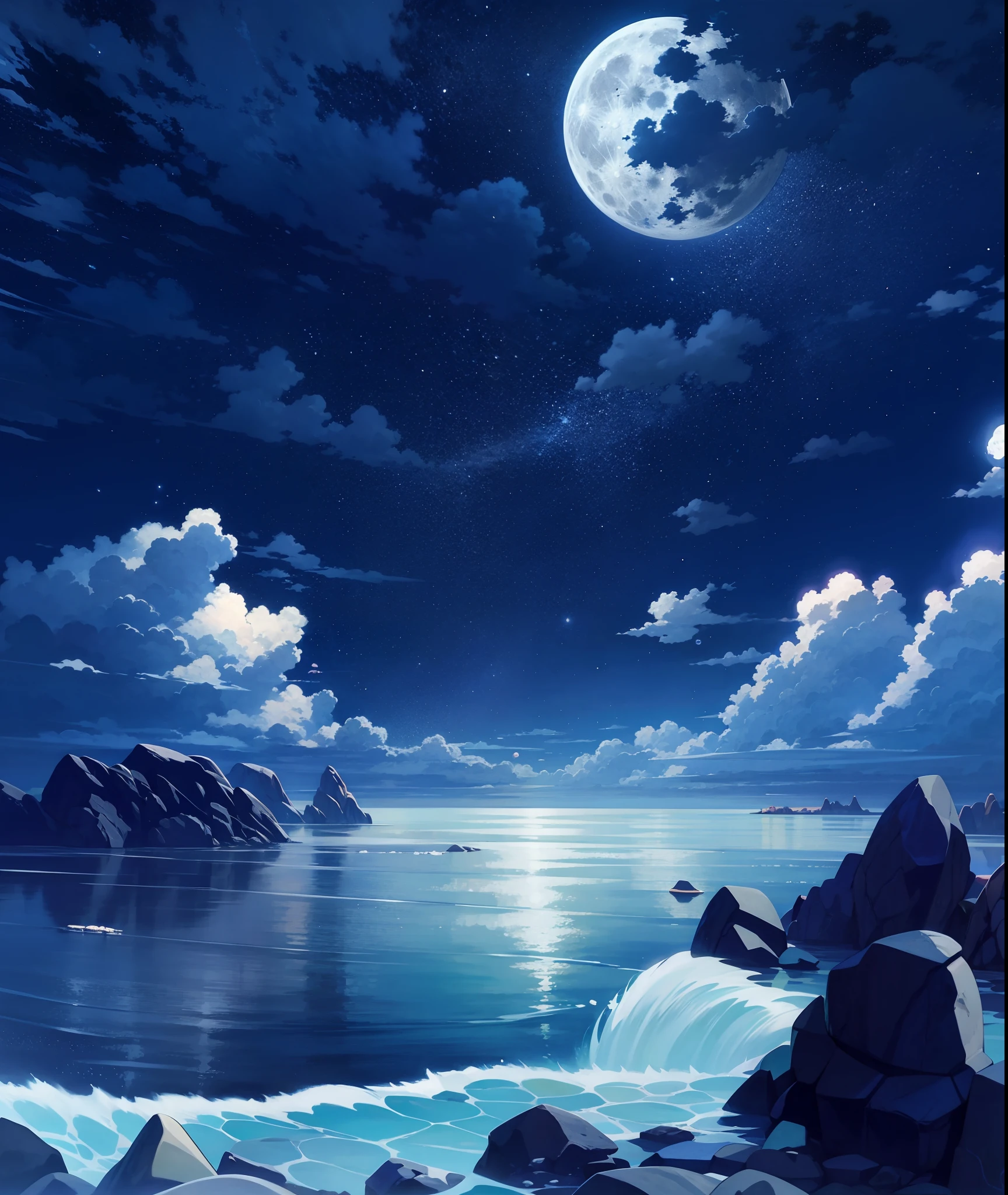There is a photo of a night scene with a full moon, wallpaper anime blue water, Anime Landscape Wallpaper, Anime background, anime background art, Anime Art Wallpapers 4K, Anime Art Wallpapers 4K, Anime Art Wallpapers 8K, 4k anime wallpaper, Moonlit starry sky, calm night. digital illustration art, beautiful anime scenery, anime wallpaper 4k