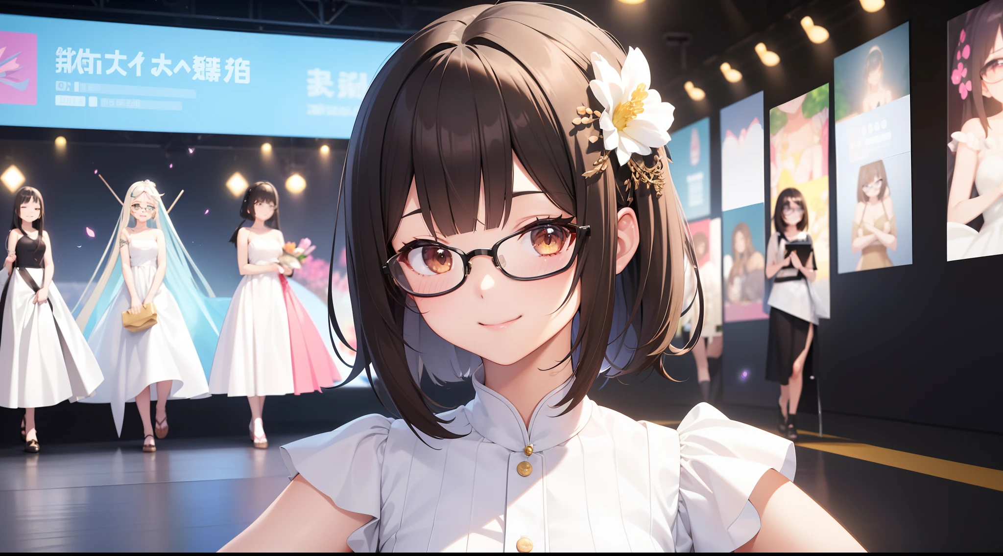 (masutepiece, Best Quality, Capture super cute moments, depth of fields, ultra-detailliert, Ultra High Resolution, C4D, Octadale, 3D Modeling, 8K, 16 K, one girls、a junior high school student、A dark-haired、short-hair、straight haired、Light brown eyes,hair adornments、wearing black glasses、A smile)、fashionshow、White long dress、catwalk、Ikebana