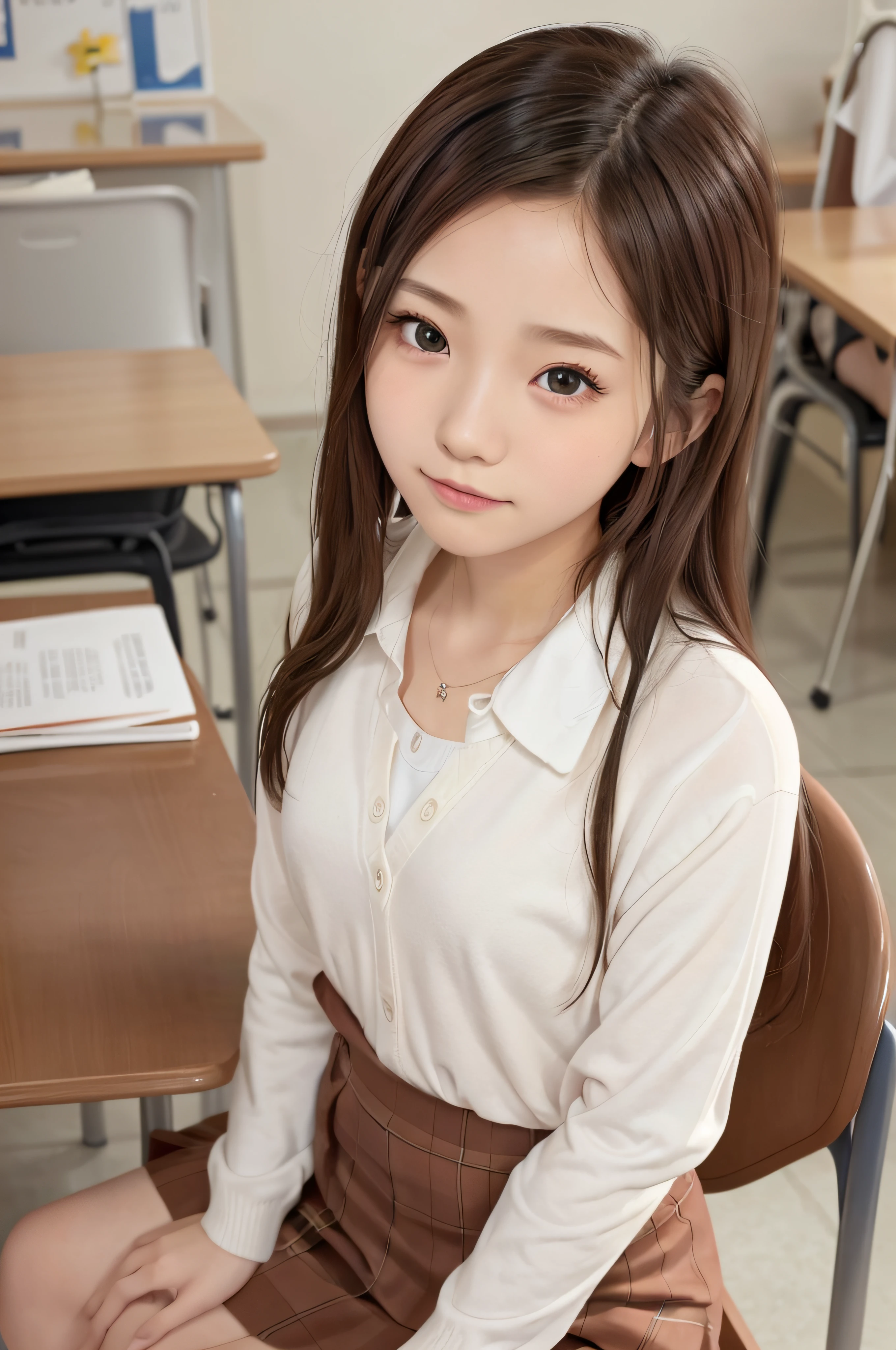 1４Year old woman、soio、brown haired、beautidful eyes、real looking skin、A detailed eye、Schoolgirl、(8K、​masterpiece)、(reallistic、Photorealsitic)、top-quality、realisitic、ighly detailed、The ultra-detailliert、Beautie、cute little、A Japanese Lady、A smile、Close-up portrait、Healthy face、Education School、Schools、School uniform、Cardigan、plaid skirts、skirt by the