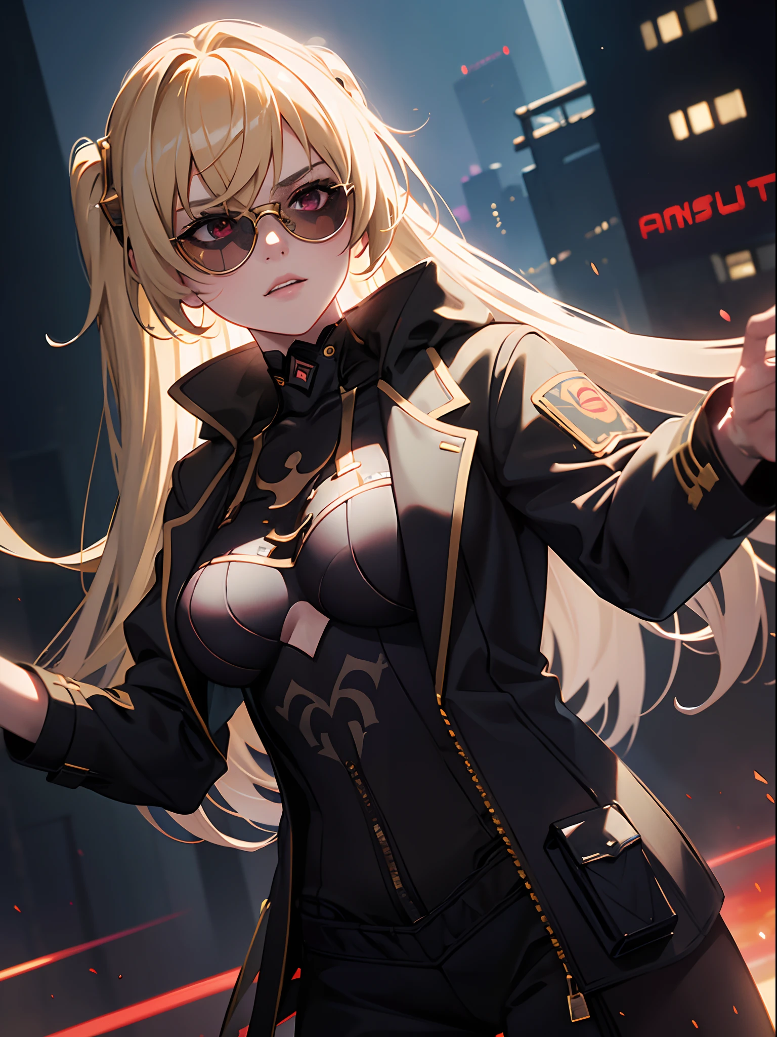 masterpiece, best quality, blonde hair, red eyes, sunglasses, light, realistic, photo, science_fiction, huge_filesize, in the cyberpunk city, steam, masterpiece,best quality,official art,extremely detailed CG unity 8k wallpaper, girl, solo, bishoujo, incredibly_absurdres, small breasts, bust,