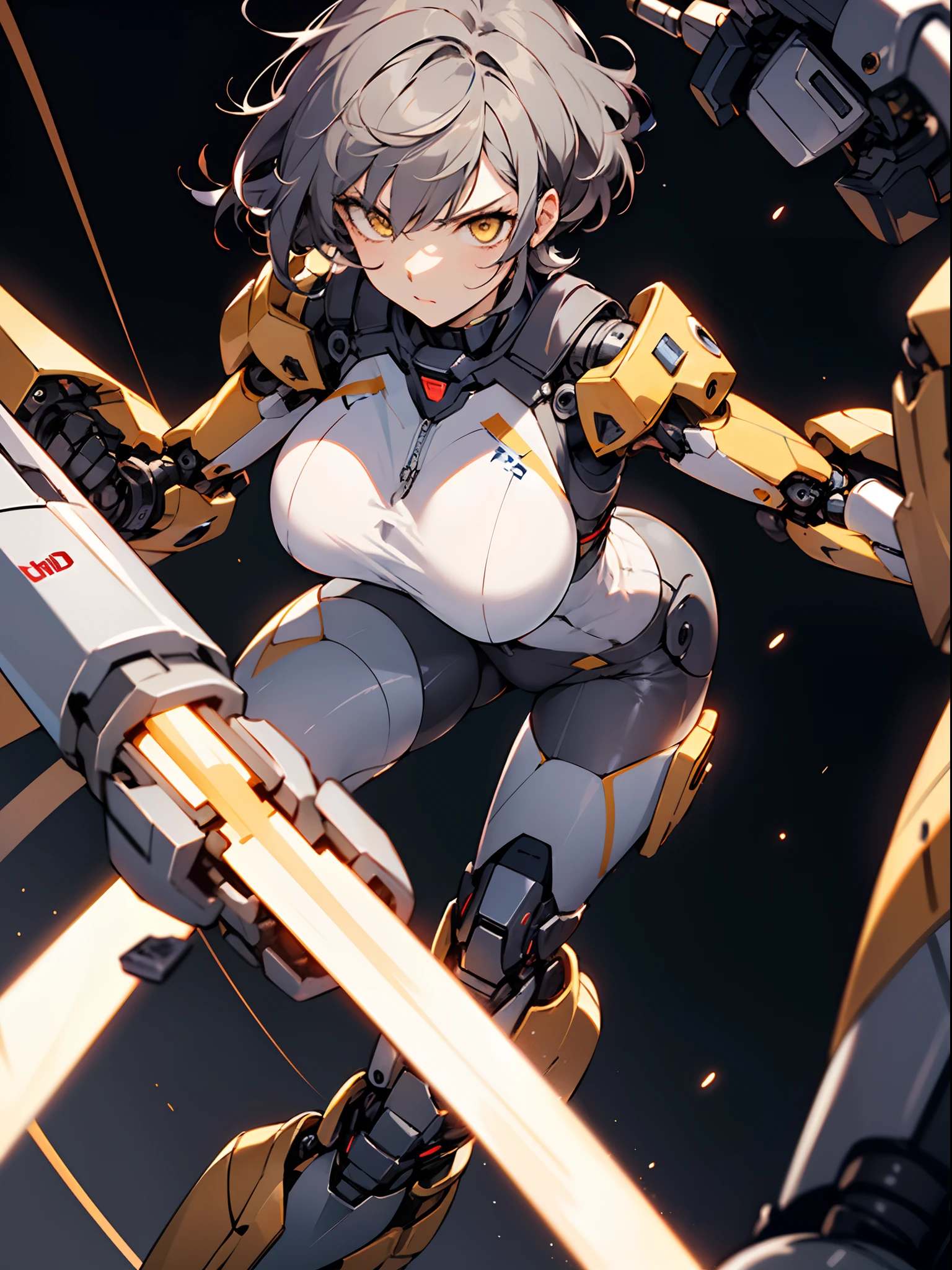 1woman, solo,Short hair, shaggy grey hair, yellow eyes, big breasts, 173 cm tall, (prosthetic mechanical arms and legs), Dynamicangle,(cinematic lighting, close-up, super detail, UHD) ,Fighting, sharp,
