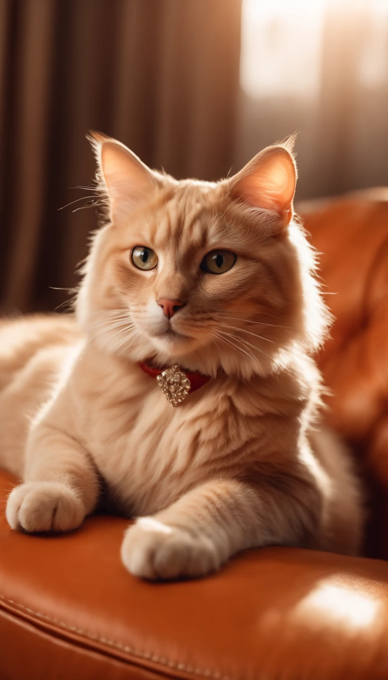 Cat looking at paprika, Create cute cat photo on small luxury pet sofa on beige background in photo studio, with diamond pendantbrown leather collar,, Master Parts, Best Quality, ighly detailed, Cinematic lighting, detailed hair and eyes, 8K, Realistic, Awarded, photography