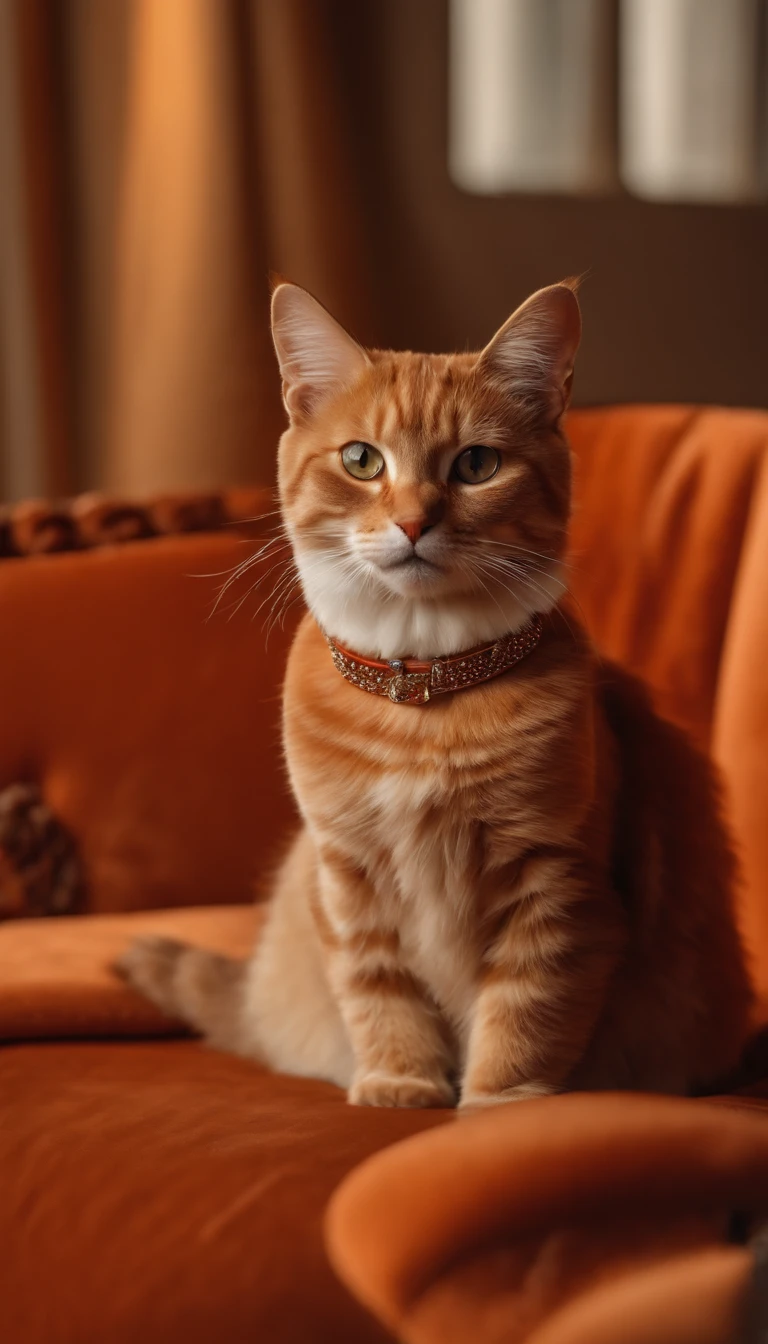Cat looking at paprika, Create cute cat photo on small luxury pet sofa on beige background in photo studio, with diamond pendantbrown leather collar,, Master Parts, Best Quality, ighly detailed, Cinematic lighting, detailed hair and eyes, 8K, Realistic, Awarded, photography