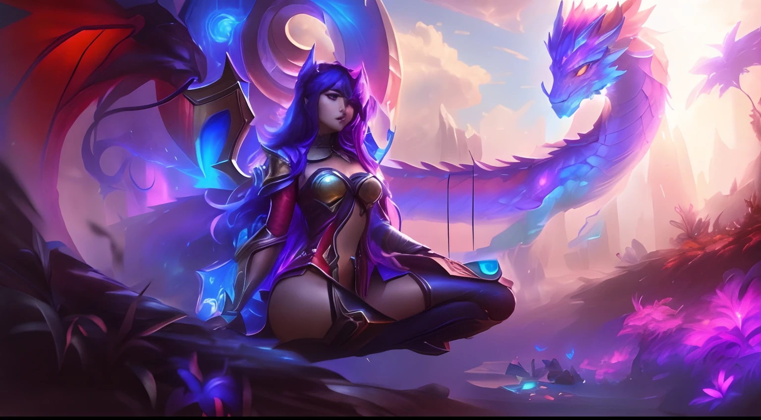 Anime girl sitting on a rock with a dragon in the background, Irelia, Irelia de League of Legends, Ahri, Samira de League of Legends, League of Legends arte splash, Arte de League of Legends, Arte conceitual de League of Legends, Retrato de Ahri, Serafim Ahri KDA, Arte do personagem de League of Legends, de League of Legends