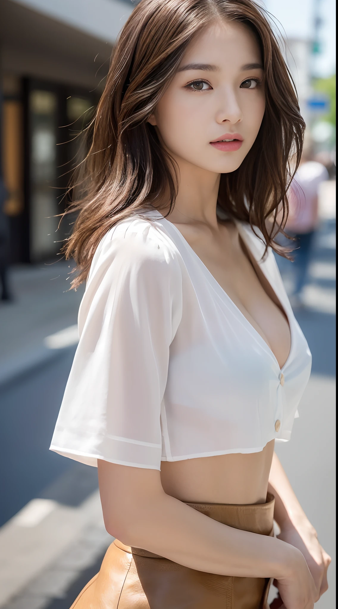 Beautiful Japan adult woman、((Realistic lighting、top-quality、8K、 ​masterpiece:1.3))、Clear Focus:1.2、1girl in、Perfect Body Beauty:1.4、Slim abs:1.1、((dark brown  hair、huge tit:1.1))、(Translucent Off-Shoulder Dark Ripper Top:1.3)、(Translucent mini skirt:1.3)、((Street、In the street))、Super fine face、finely eye、二重まぶた、Exposed cleavage、an legs、From the knee up、ssmile、