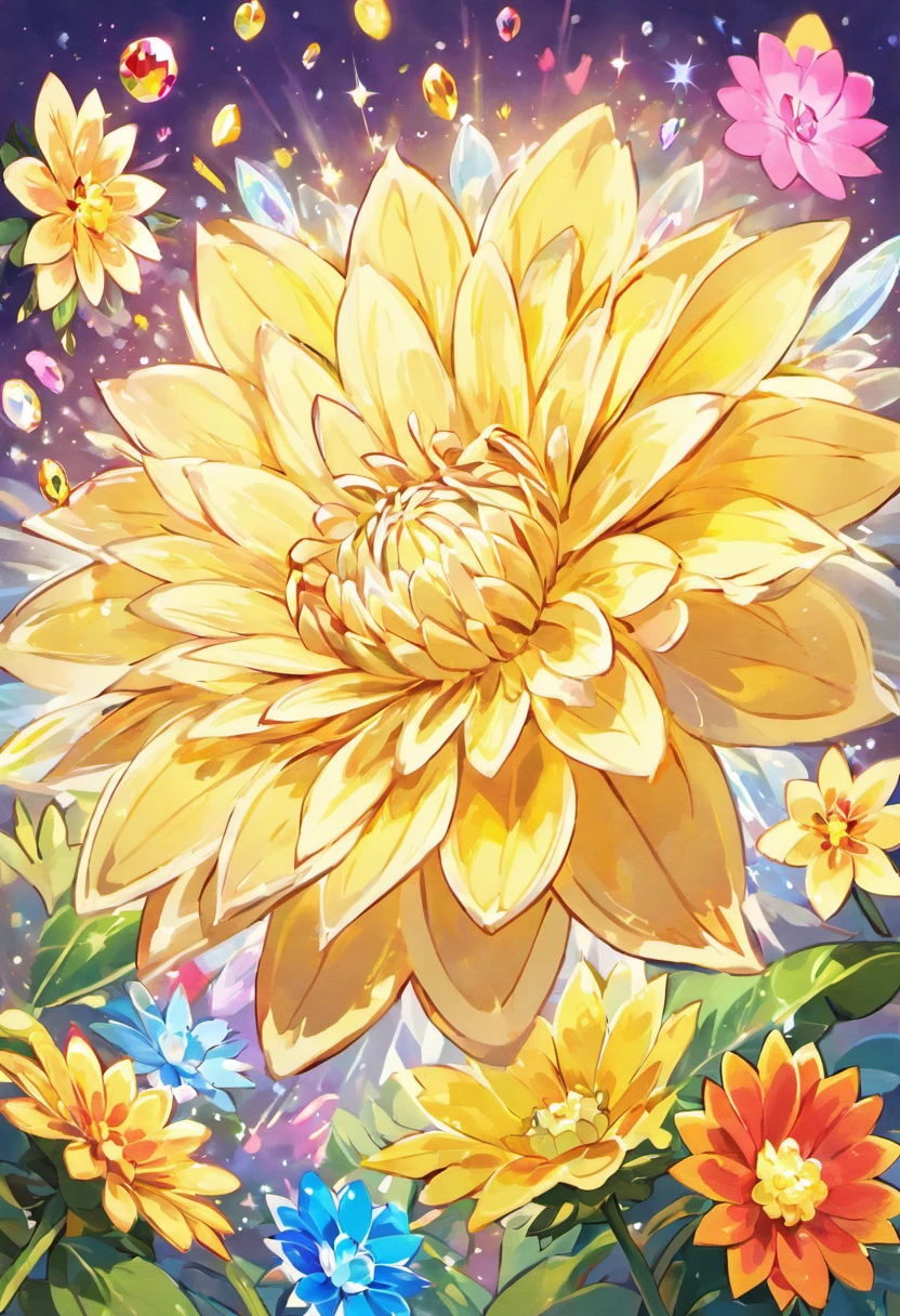 Digital art detailed for the best masterpieces, Highest Quality, Brilliant delicate yellow and pink dahlia flowers with elegant leaves１Only with、Against the background of multicolored diamonds, Graceful stems, And delicate, And elegant, flowey, Glittering petals, flowercore, surrounded flower, Radiant magic representing flowers, Beautiful animations, 16k race bright flowers, Beautiful Art U Hard Disk 4k, Detailed Painting in 4K, Beautiful flowers and crystals, Luminous flowers, huge flower, light bloom, full bloom, Glowing flowers with bloom ether effect, Magic colorful flowers with flower pieces in the middle of the garden, floral environment, Beautiful Art U Hard Disk 4k, magical flowers, Flower explosion, Beautiful digital painting detailed in emergency digital photography, Detailed Painting in 4K, background artwork, Flower explosion, Floral flower color, highly-detailed digital painting, Appeared in 4K, Best Quality, hight resolution, 1080p, hard disk, 4K, 8K