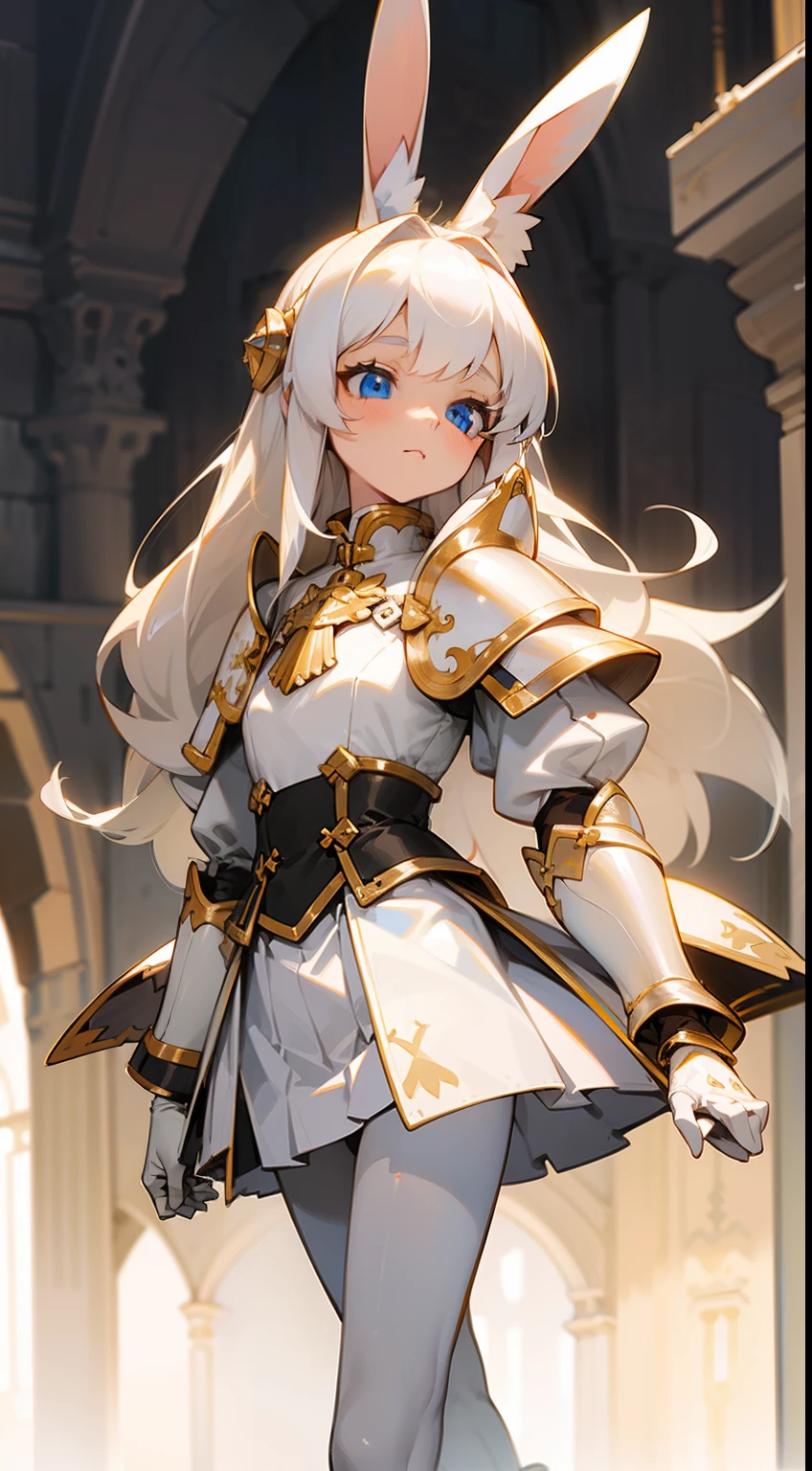 1rabbit girl,(small),solo,white hair,Long rabbit ear,blue eyes,long hair,white blouse,white skirt,gold armor shoulder pads,knight,masterpiece,best face,detailed face,innocent face,walking in castle,neutral face,(black pantyhose)