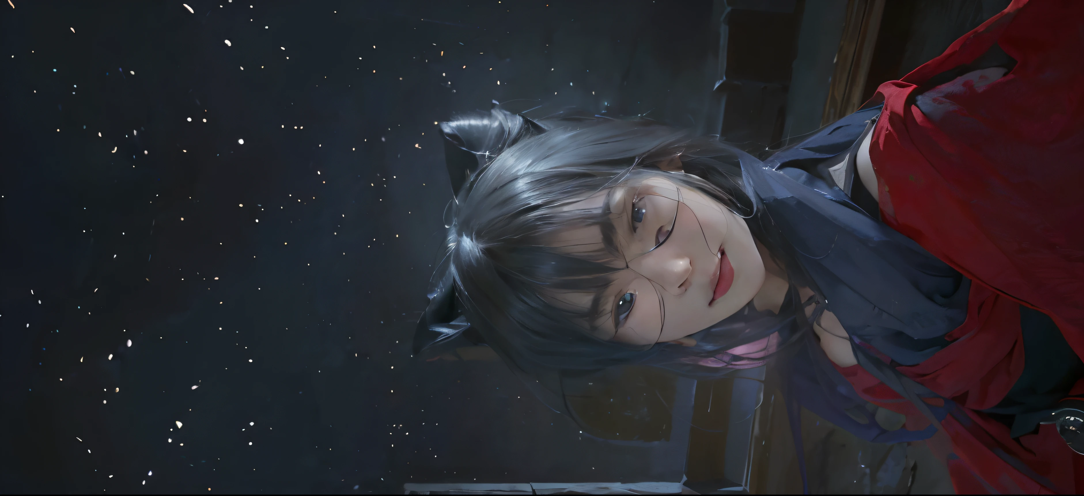 (A hyper-realistic)、(illustratio)、(hight resolution)、(8K)、(ighly detailed)、(Best Illustration)、(beautifully detailed eyes)、(top-quality)、(ultra-detailliert)、(masterpiece)、(wall-paper)、(A detailed face)、独奏、1 girl in、looking at viewert、fine detailed、A detailed face、in the darkness nigth、deep-shadows、lowkey、pureerosfaceace_v1、A smile、long、Black shawl straight hair、46-point diagonal bangs, (silk dresses、long skirt)(off shoulders)View of the castle、、Stand against the wall