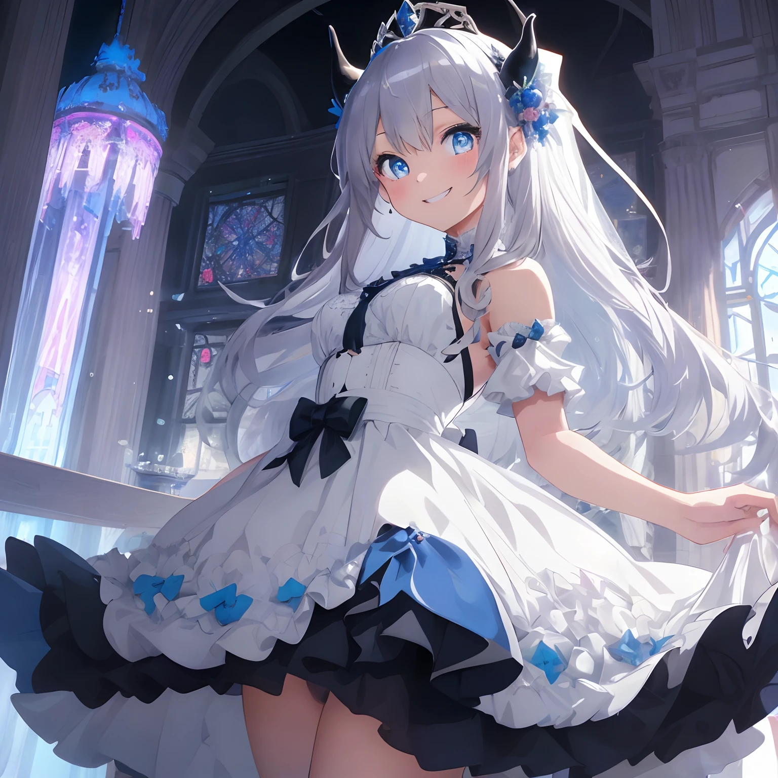 the complex background, Multiple color schemes、thick eyebrow、beautidful eyes、rabbitears、Complex Fractal Wedding Dresses、Wedding dress fused with ice、evil smile、((masterpiece))、((top-quality))、(ultra-detailliert)、Cute girl s、1girl in、独奏、((beautidful eyes)), the complex background、an anime girl、happy cute face、Beautiful anime-style girl with full body、beatiful detailed eyes、clean detailed faces、Five Fingers、 textile shading、perfect anatomia、Devilish Smile、Evil smile、Half Light Blue Half Silver、Background designation:The throne room of the castle