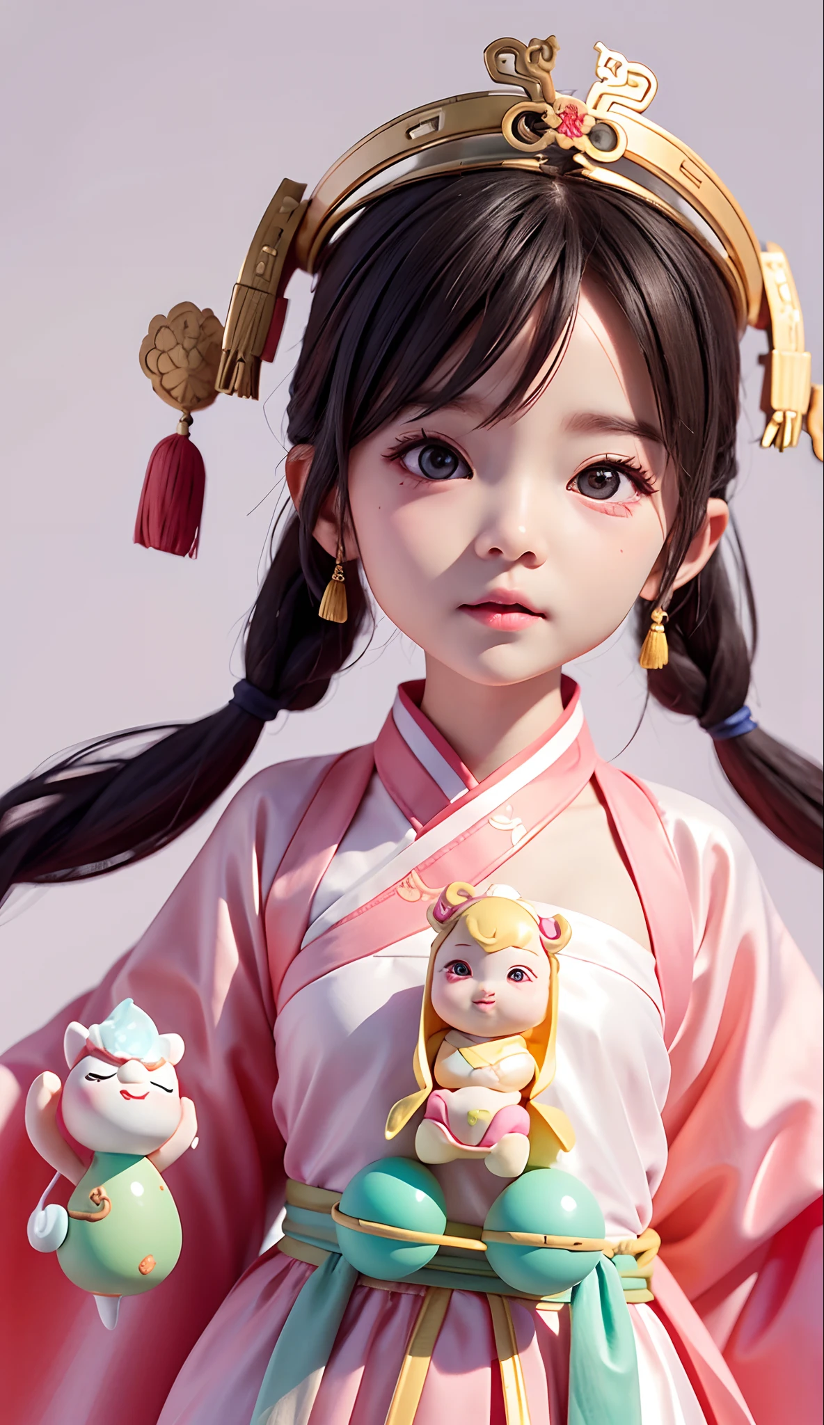 Portrait, a cute girl, eat a food, cute eyes, Chinese classicist character illustration, flat illustration, Song dynasty style, minimalism, Lively pink clothes, Traditional chinese minimalism, clean backgroud, Qiu ying style