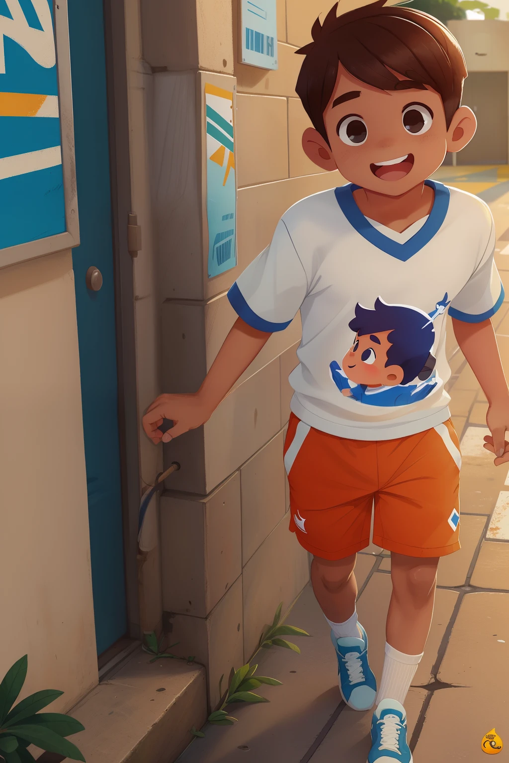 Tem um menino de 10 anos com uniforme escolar, de corpo inteiro, sorridente, Cabelos ruivos, vestindo uma camiseta branca sem detalhes, normal head, visual escolar, imagem em frente a escola, pele branca, corpo inteiro com traje, laranja e branco, sneakers blue, vestindo uma camiseta branca, Perfil frontal em frente a escola.