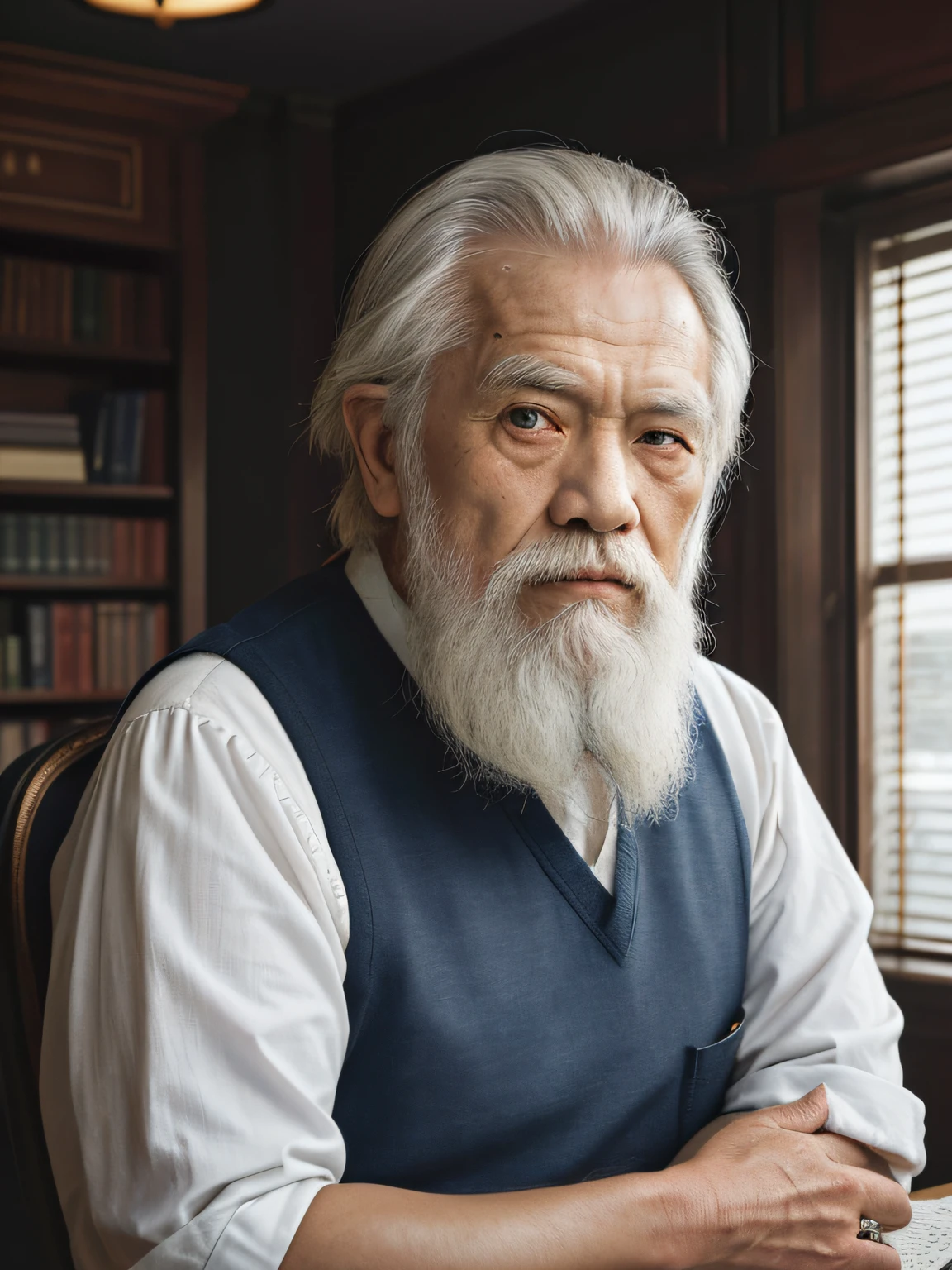 Hyper-Resolution, Ultra photo realsisim, cinema shot, Vignette, Portrait of an 80-year-old man,Look at the viewer,An elderly Asian man,Sit at your desk,Spiritual old man,Single image,Thin and thin, Old blue eyes, Short white hair, Bookshelf background,White Viking beard, Narrow face,dark-skin, Wide shoulders, Weathered by sunlight and water, Gold pattern royal twin peaks, The Royal Chambers camera is focused on the eye, High focal length, Bust photo,Faraway view,Digital SLR, Dark Studio, rim lit, twotonelighting, Dimly lit, low tune, Backlight,
