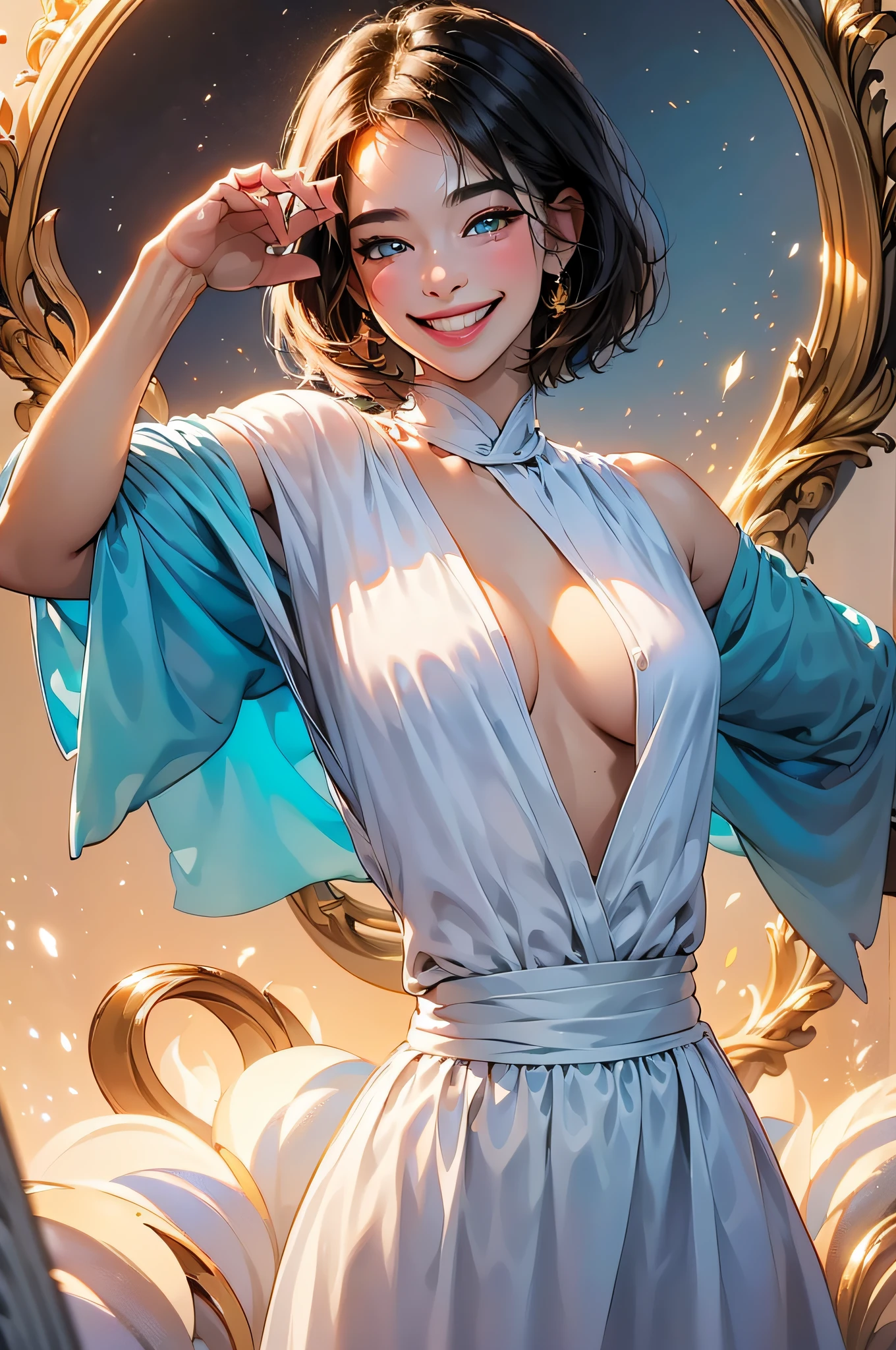 (in 8K、top-quality、masterpiece:1.2)、1人の女性、(Smiling smile:1.1)、beautidful eyes、Valley、The upper part of the body、shorth hair、Like a boy、bob cuts、Colossal tits、Yellow view、