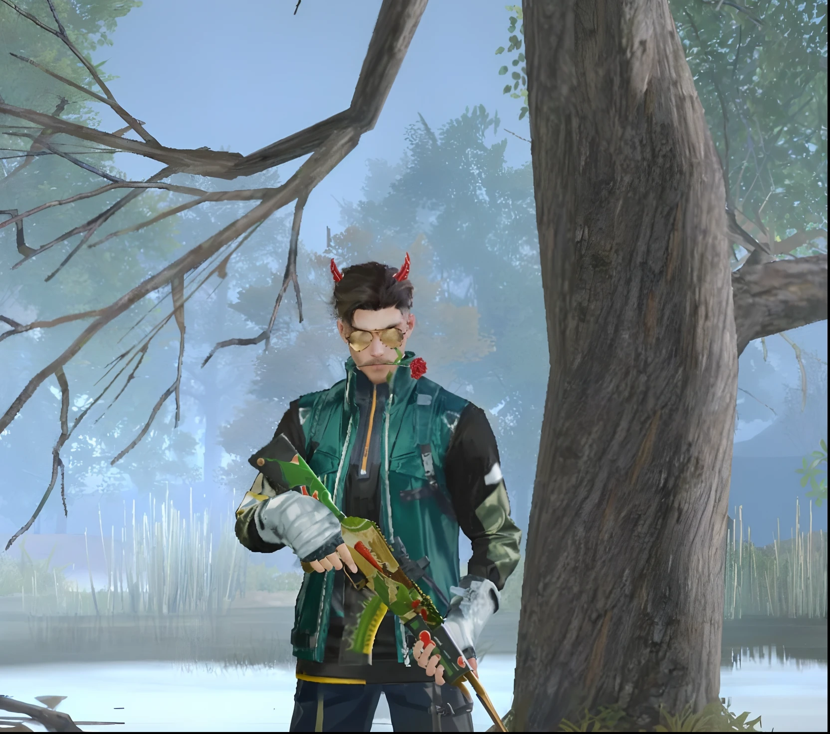 there is a man holding a rifle and a bow in a forest, in game, ingame image, in - game, in-game, forest punk, inspired by Huang Shen, wearing a fisher 🧥, in the style of sifu 🔥 😎 🕹️ 👀 :2, wielding a fish sword, sword stuck in a pond island, with hand crossbow