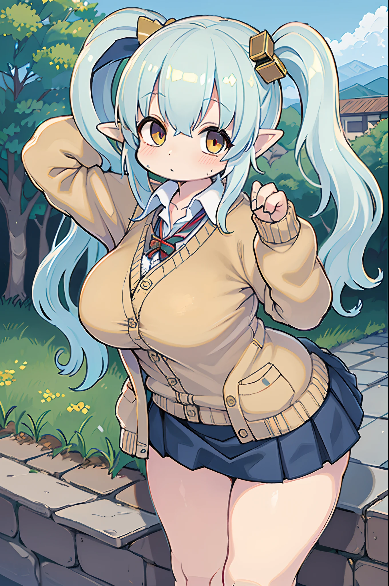 masutepiece , Best Quality,Nahida(GenshinImpact) ,1girl in , tiny chest,Long hair ,Side Ponytail, Hair Ornament , White hair , Green hair , hand behind head:1.5,multicolored hair, elf , pointy ear , School uniform , Skirt ,Cardigan,mountain road , Street,looking at the viewers