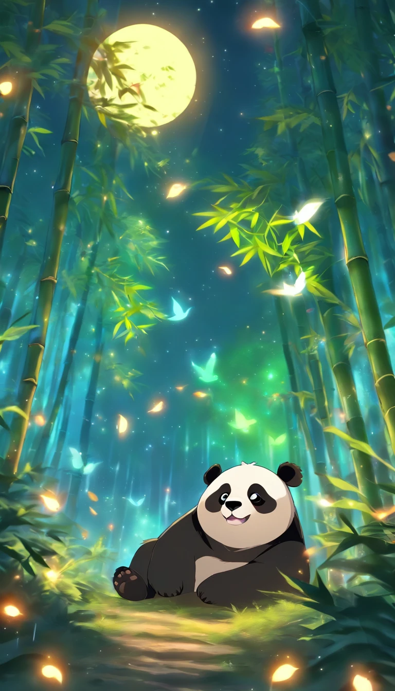 Silent Night, Quiet bamboo forest, Bamboo leaves fall in the wind,Cute and cute giant panda,Fatty, Full moon in the sky, Flying fireflies