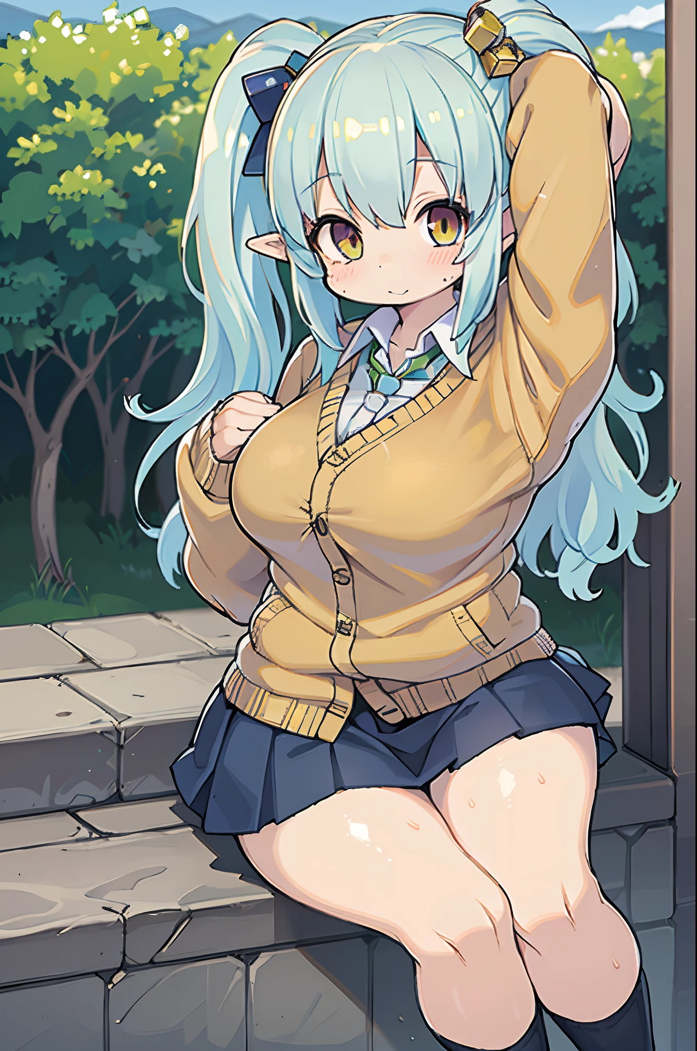 masutepiece , Best Quality,Nahida(GenshinImpact) ,1girl in , tiny chest,Long hair ,Side Ponytail, Hair Ornament , White hair , Green hair , hand behind head:1.5,multicolored hair, elf , pointy ear , School uniform , Skirt ,Cardigan,mountain road , Street,looking at the viewers